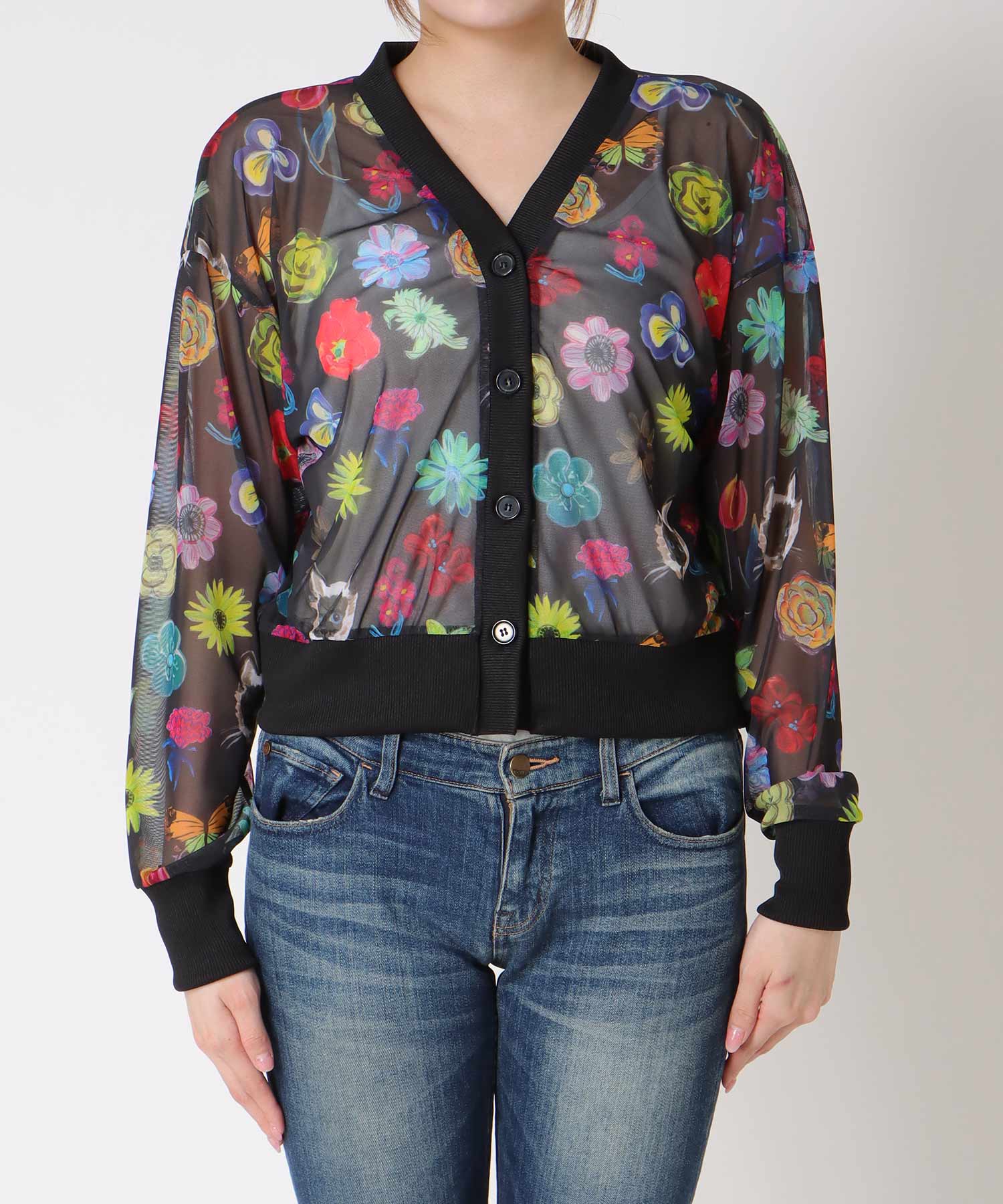 【バラ色の帽子コラボ】プリントシアーカーディガン