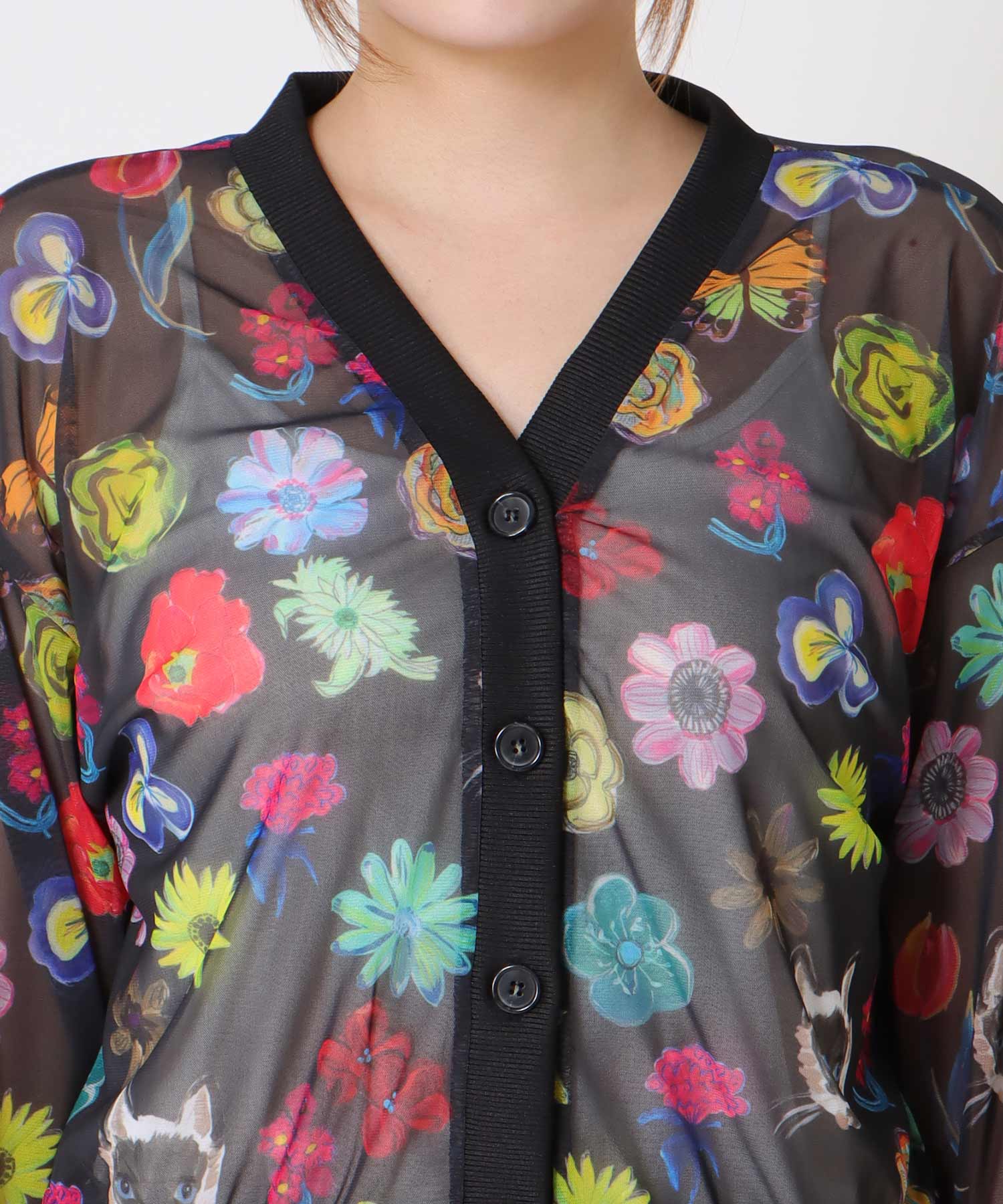 【バラ色の帽子コラボ】プリントシアーカーディガン