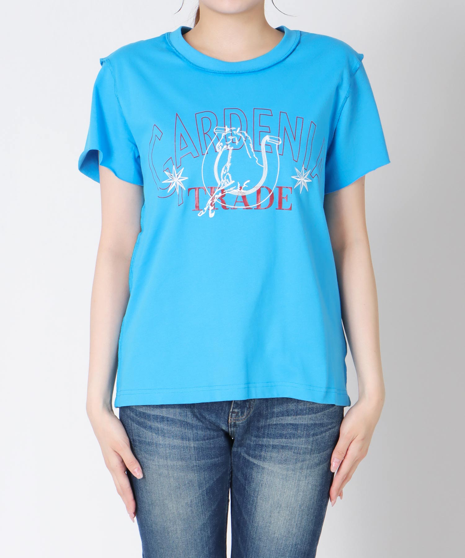 ウマ刺繍カレッジプリントTシャツ