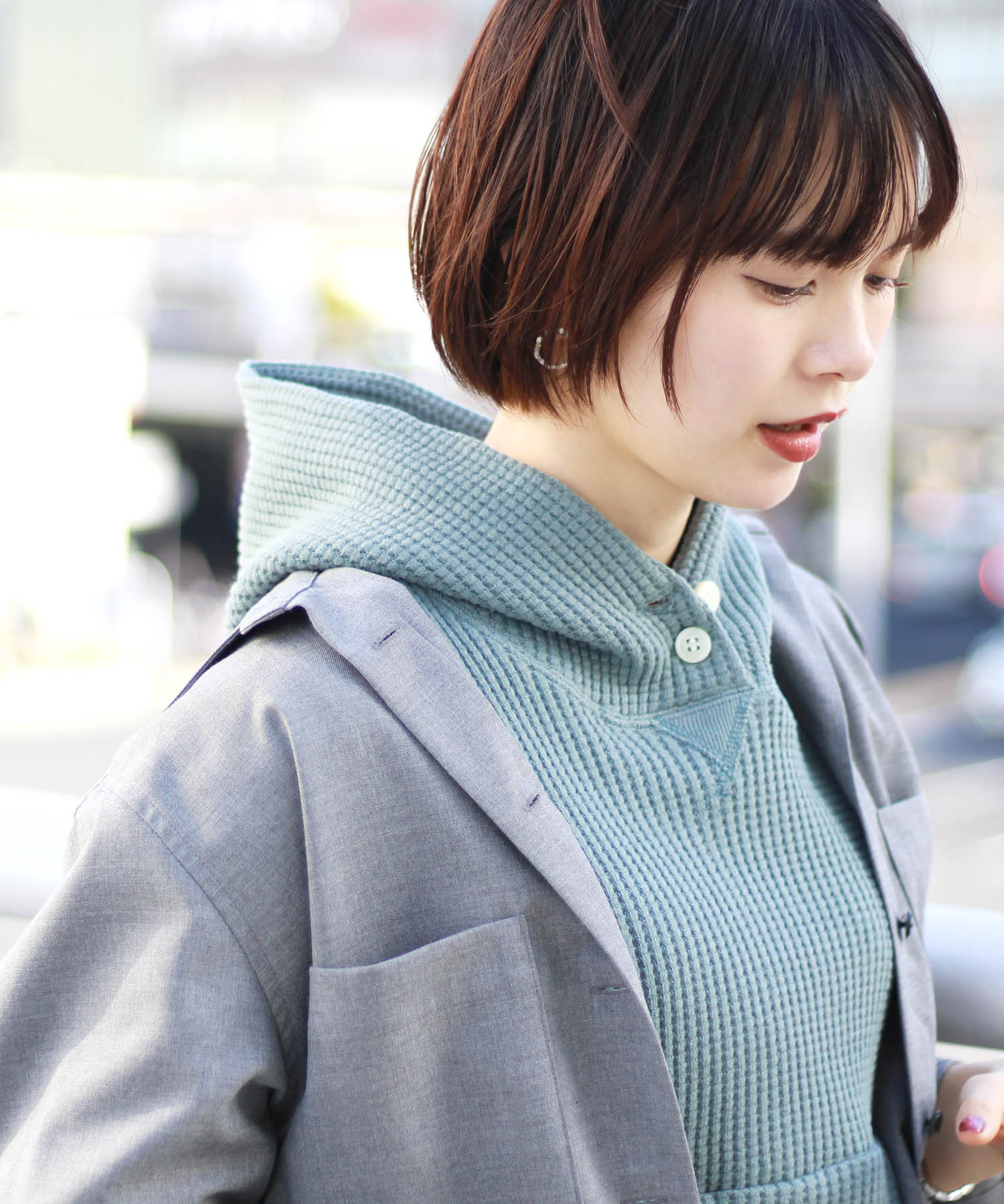 ＜THREE DOTS TURQUOISE＞waffle hooded pullover