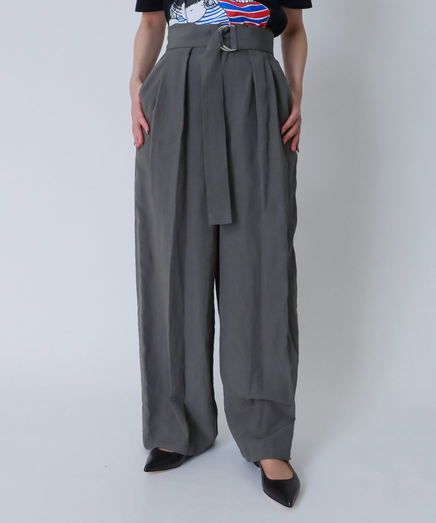 ＜B7＞rayon linen belt wide pants