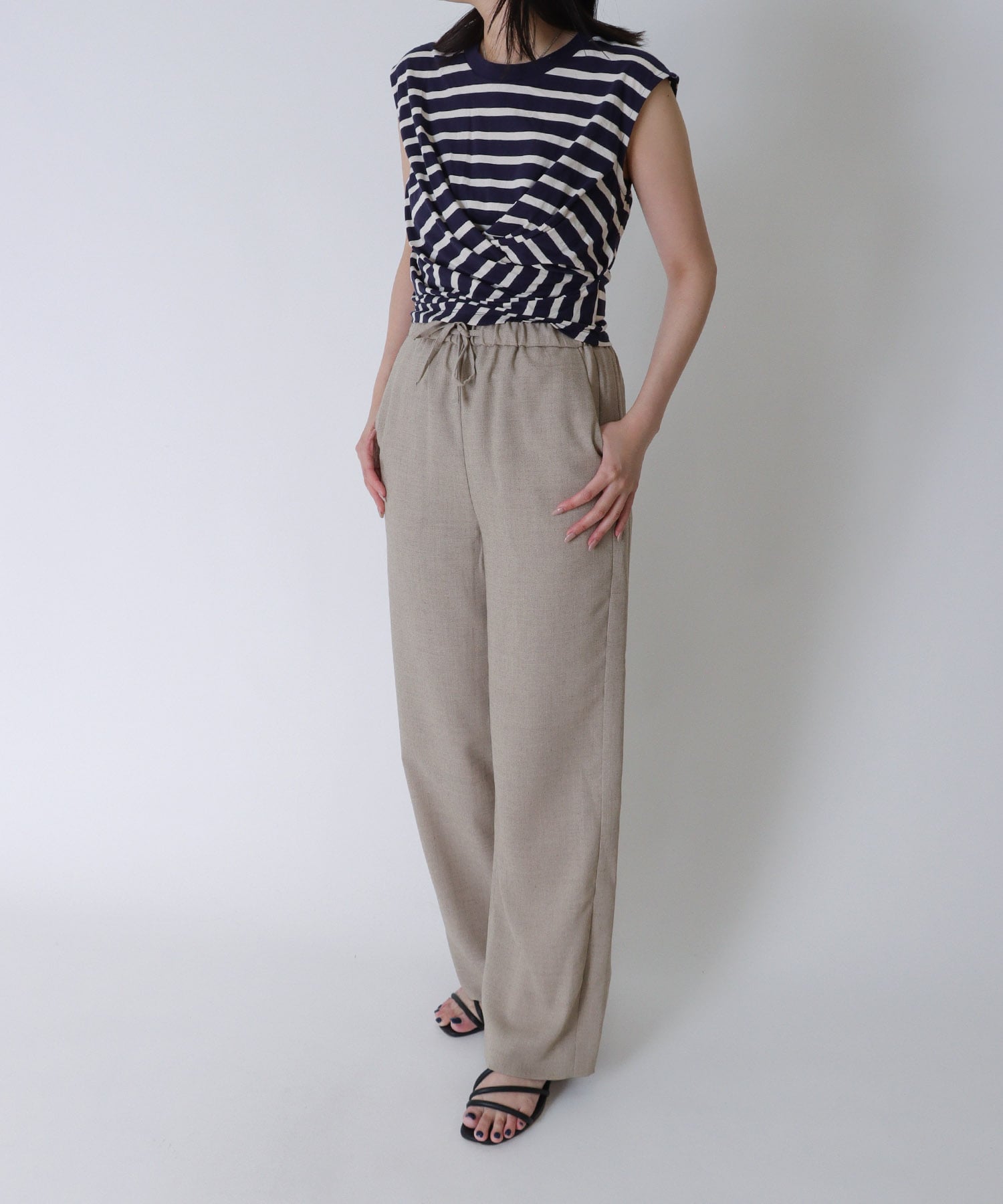 ＜B7＞linen like side line pants