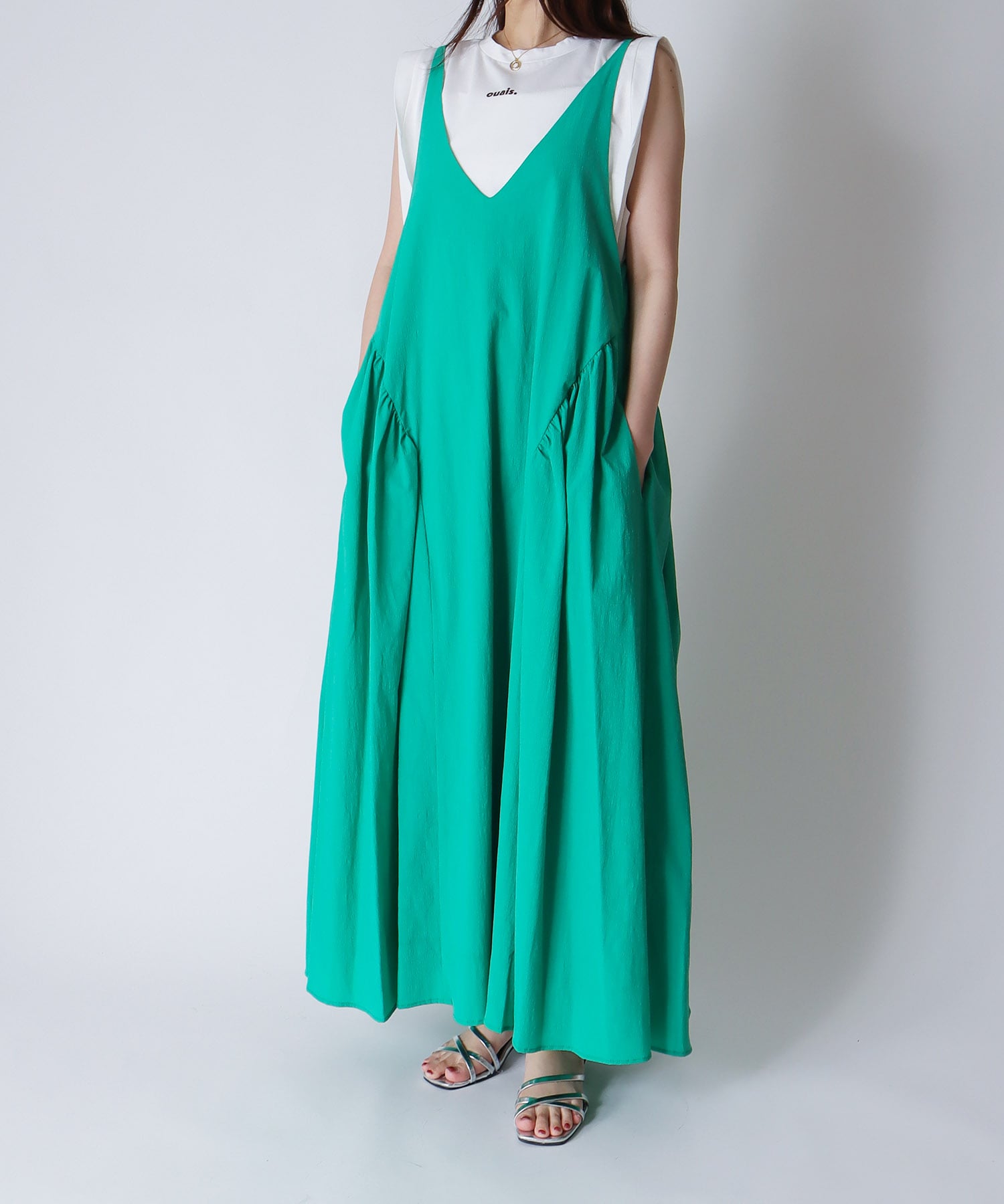 ＜Sugar Rose＞side gather vneck dress