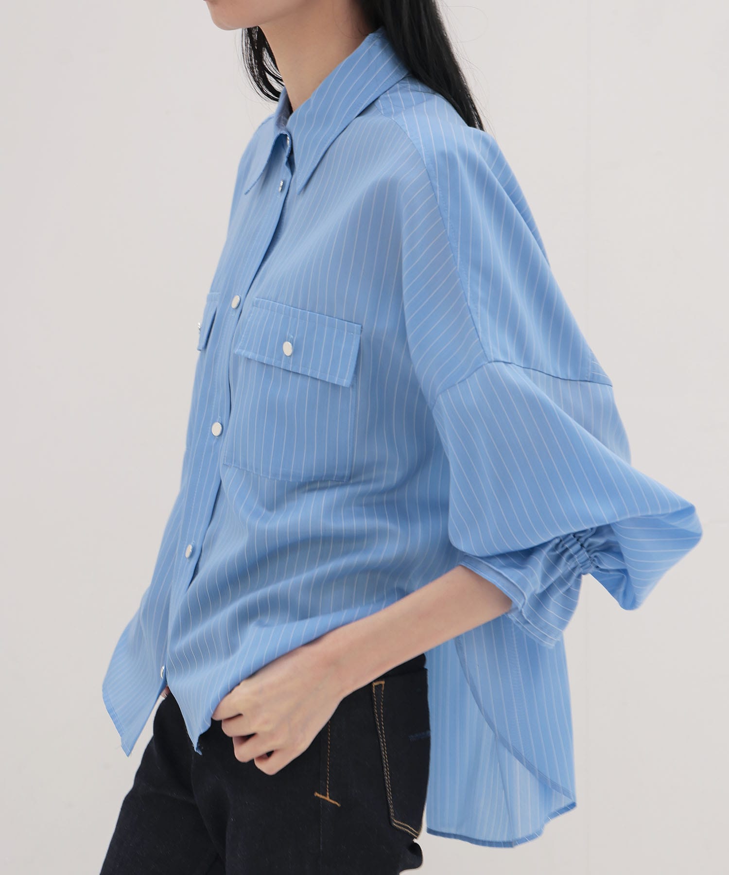 ＜B7＞stripe sleeve gather blouse