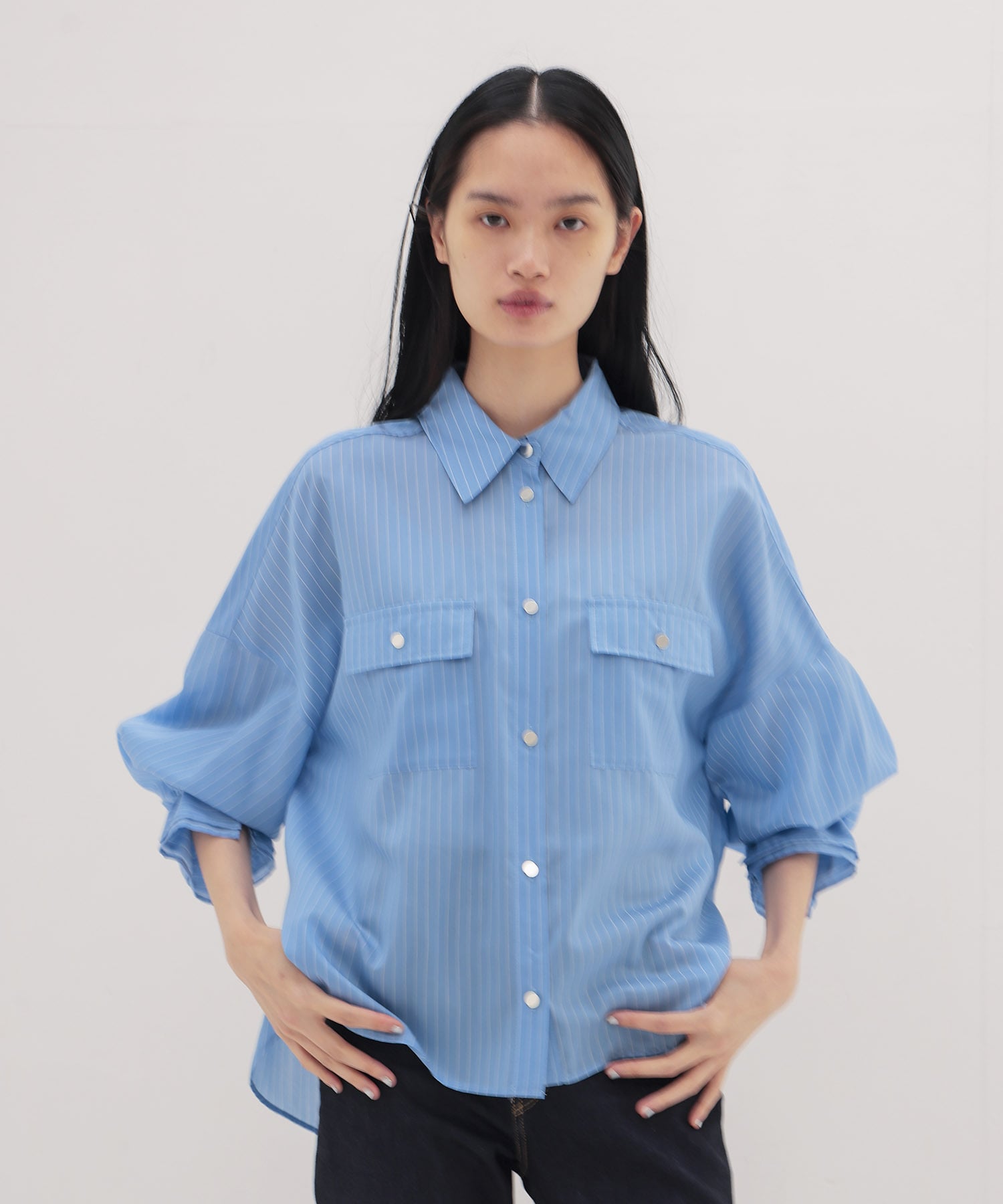 ＜B7＞stripe sleeve gather blouse