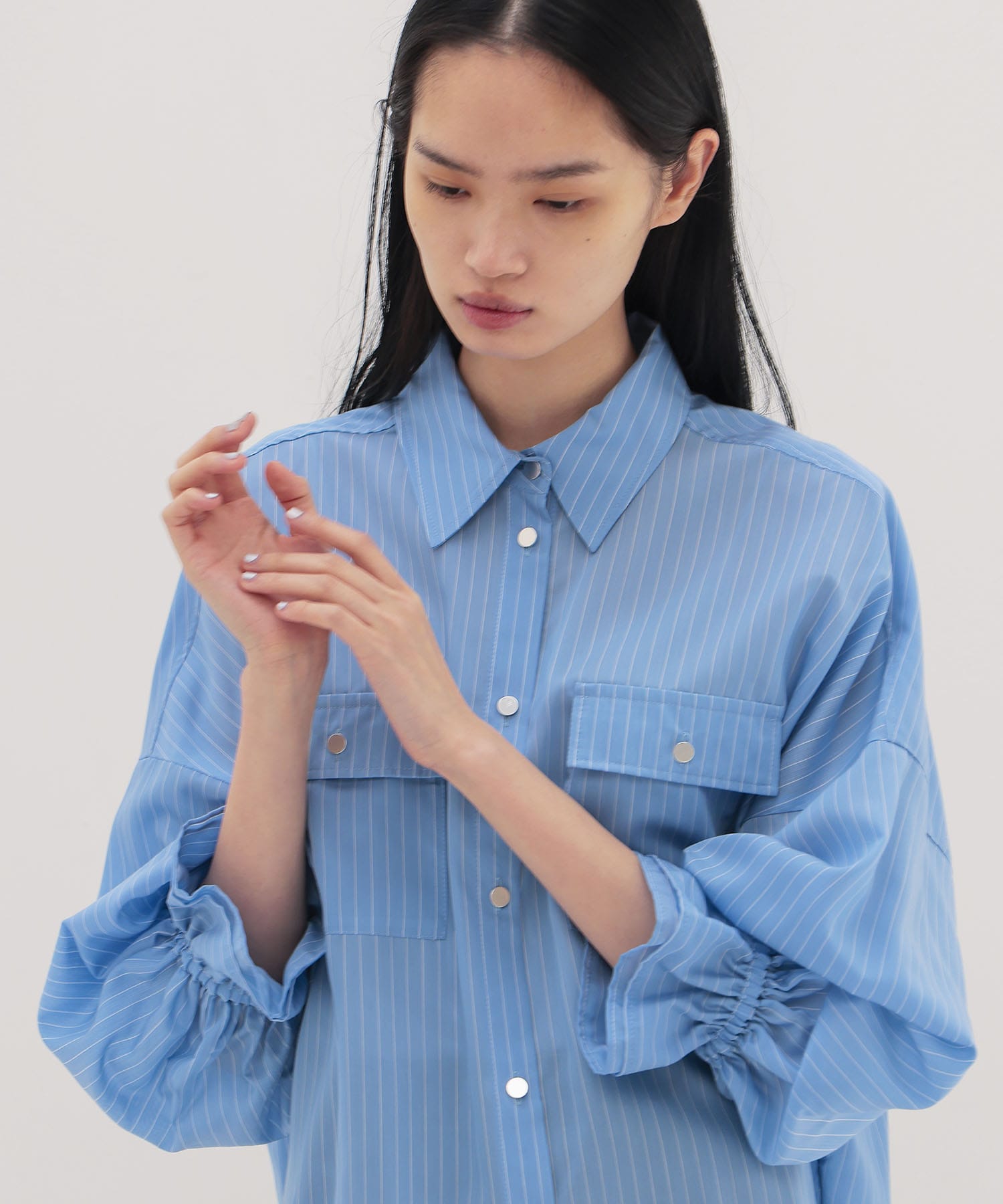 ＜B7＞stripe sleeve gather blouse