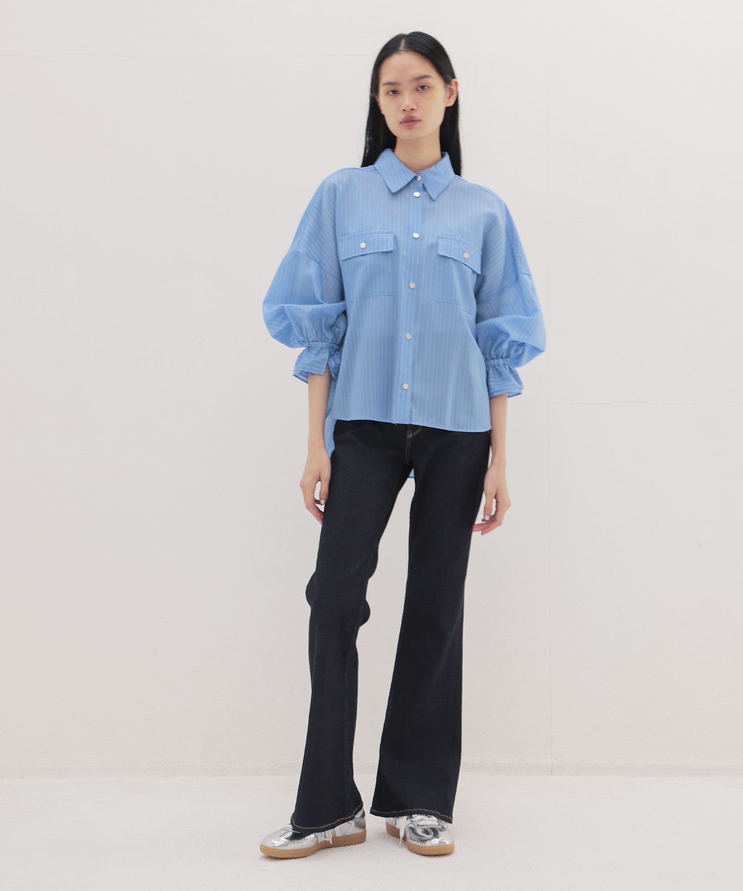 ＜B7＞stripe sleeve gather blouse