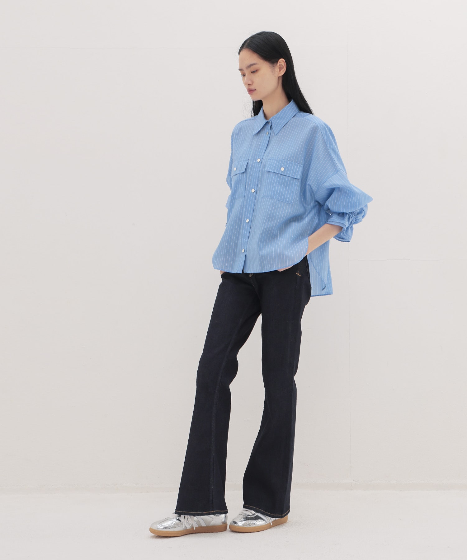 ＜B7＞stripe sleeve gather blouse