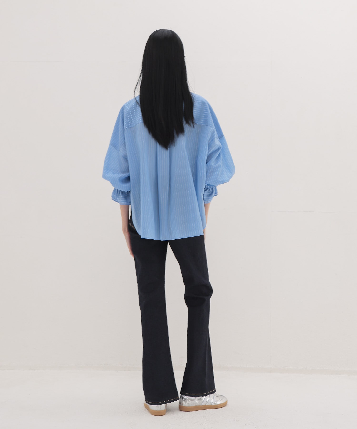 ＜B7＞stripe sleeve gather blouse