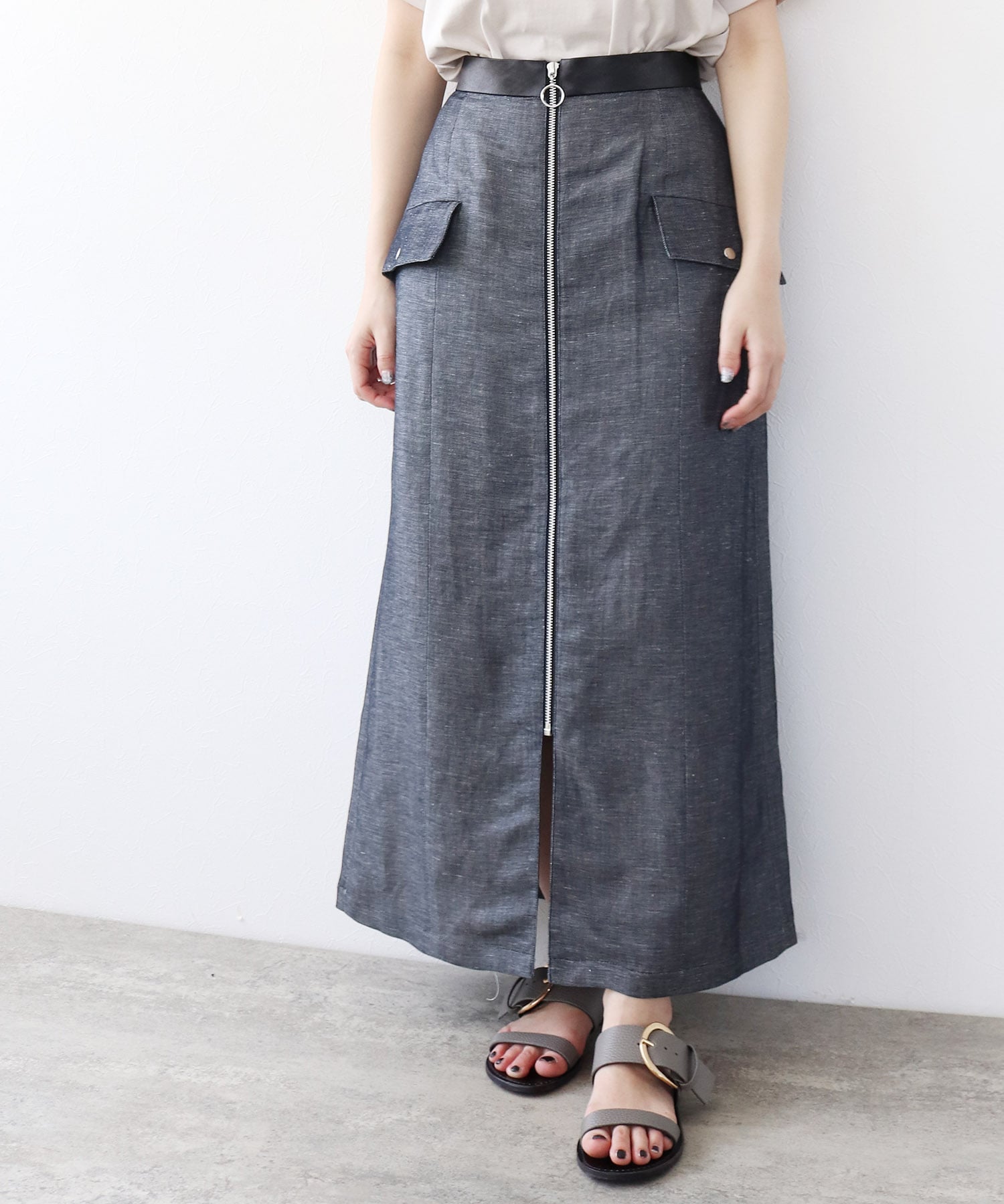 ＜B7＞linen twill front zip skirt