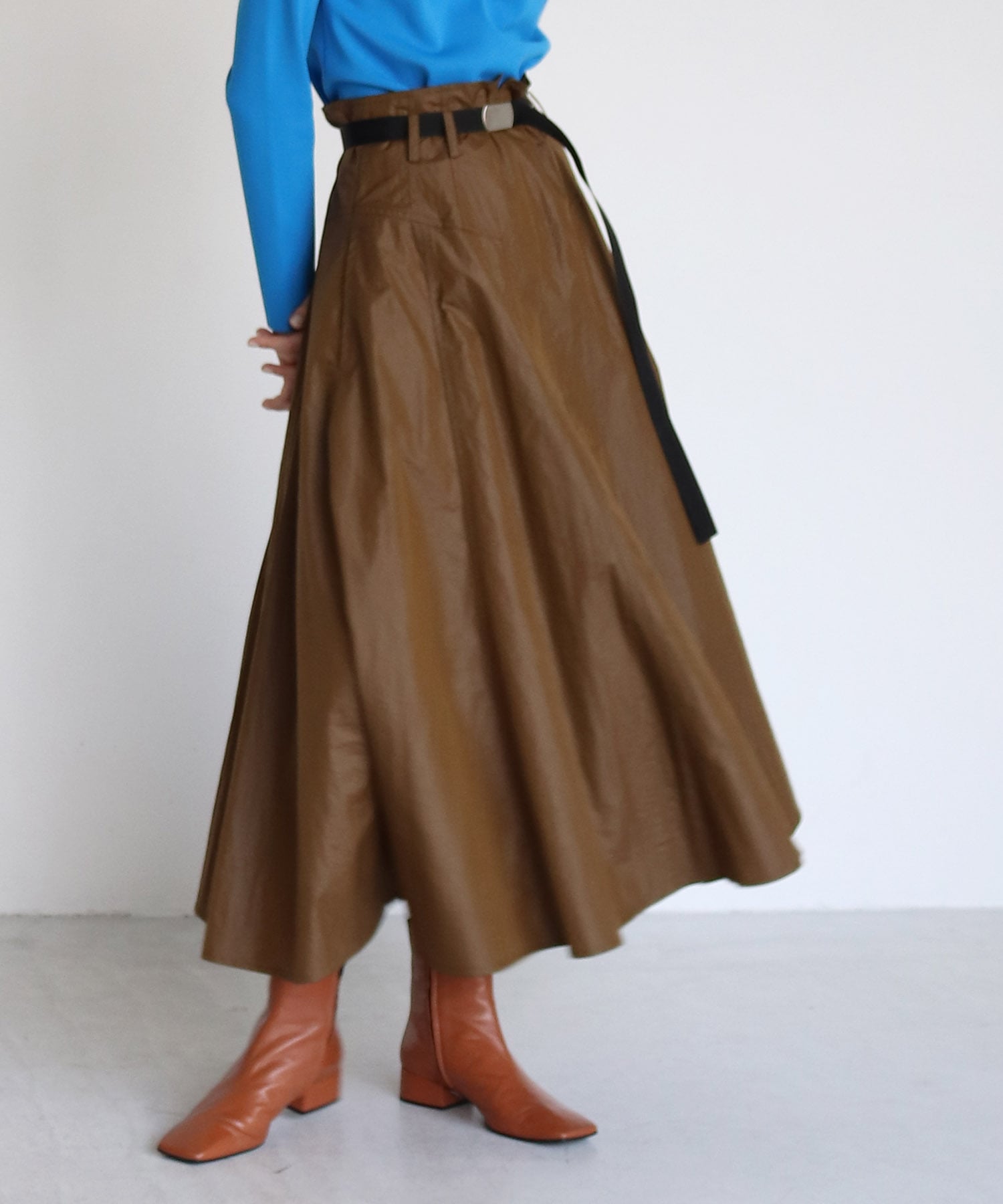 nylon leather satin flare long skirt