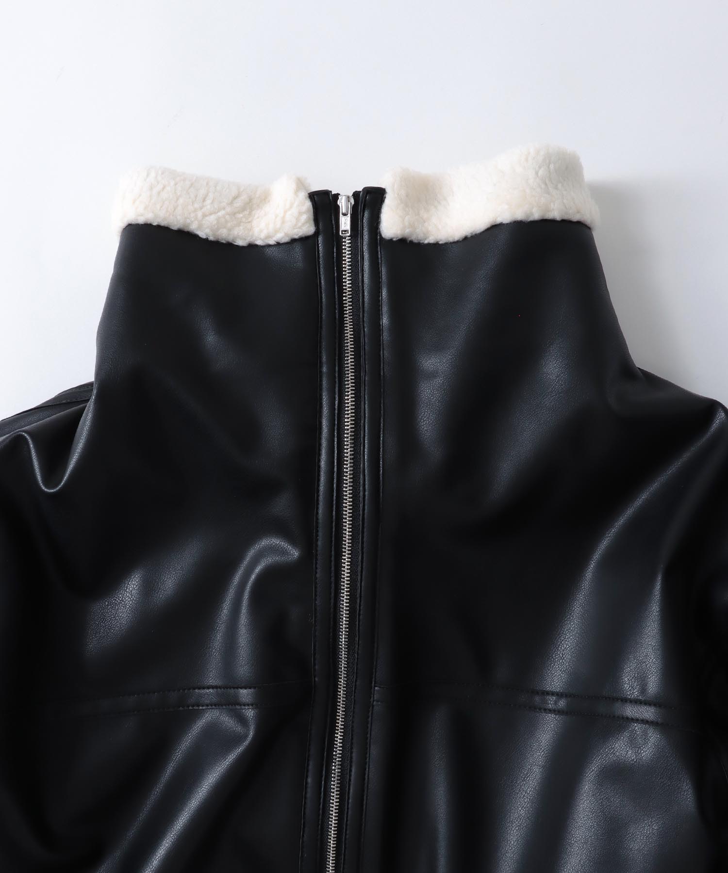 fake leather×boa over zip blouson