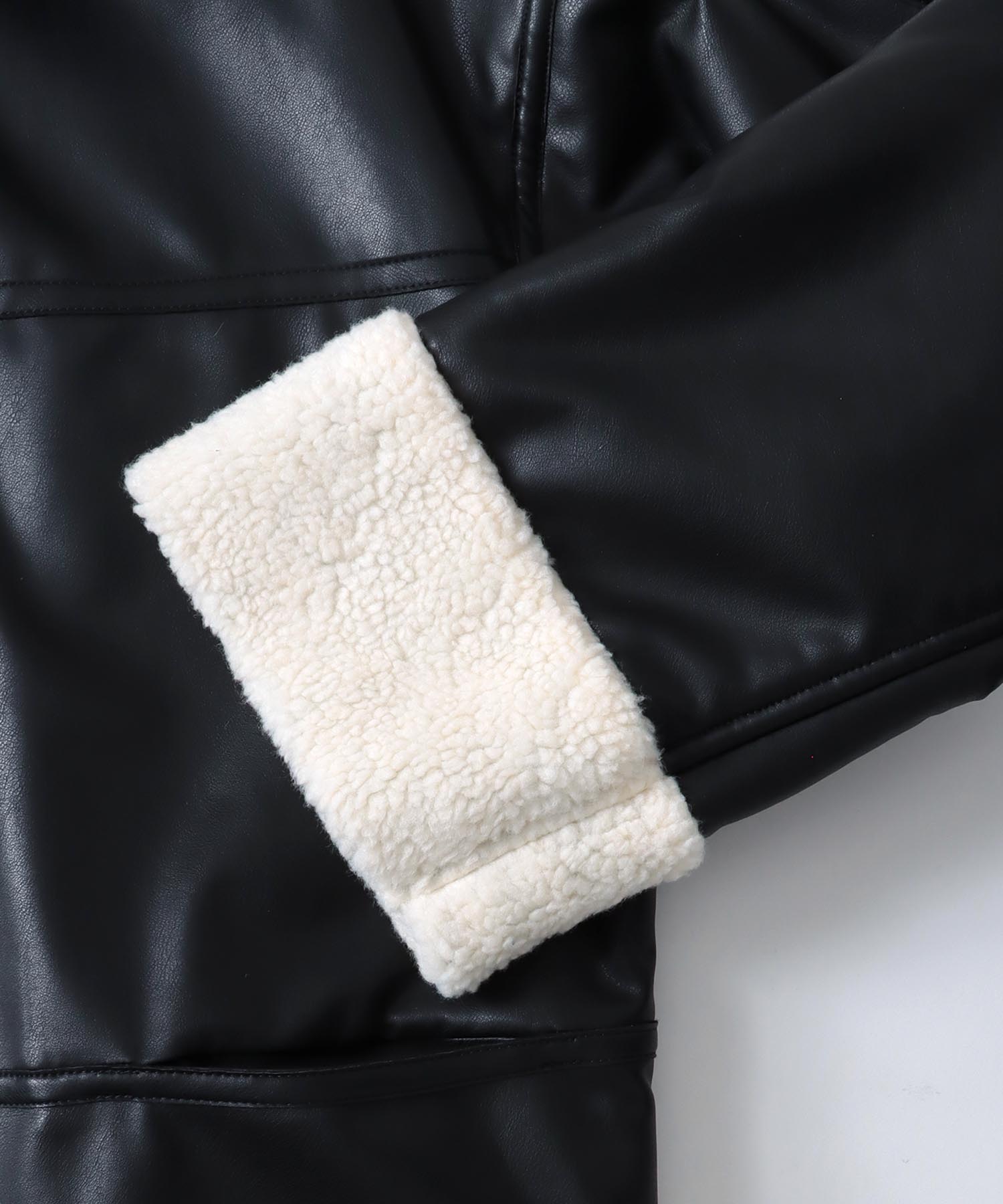 fake leather×boa over zip blouson