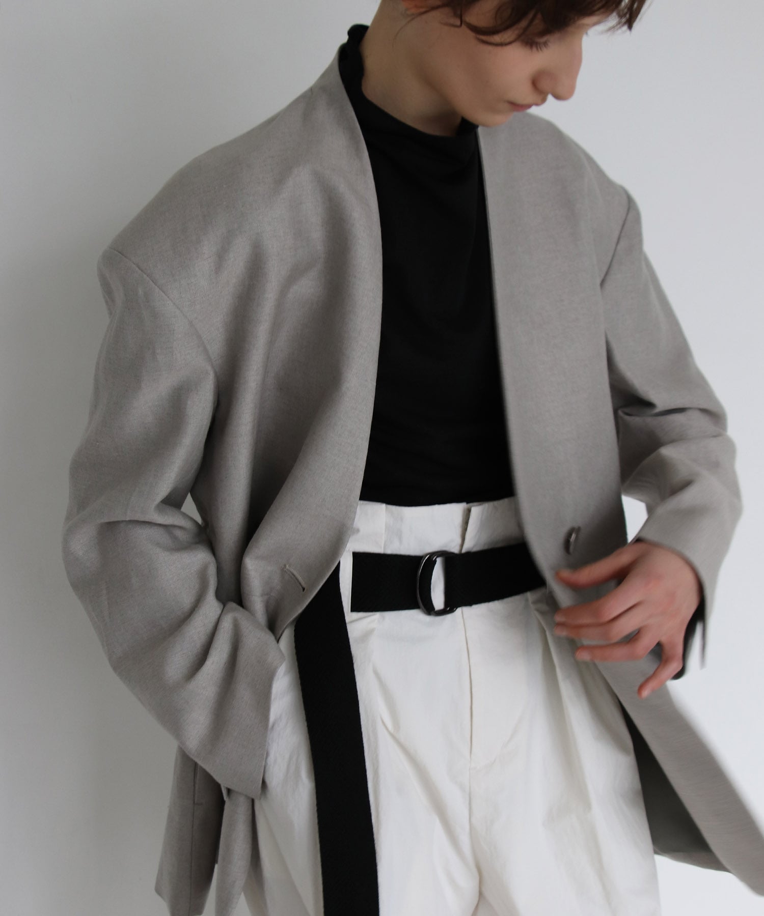 wool linen back belt jacket