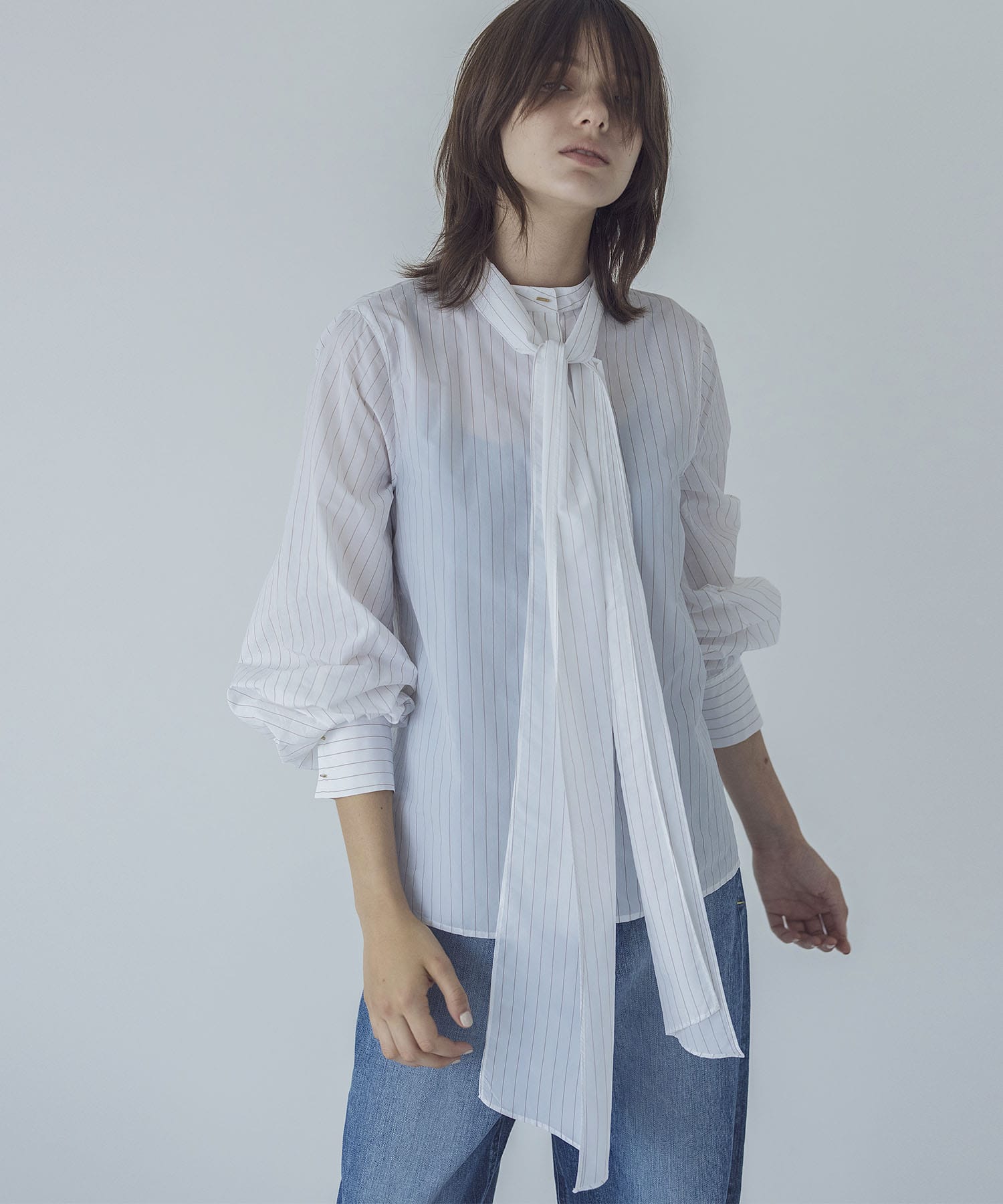 nylon typewriter stripe bow tie blouse