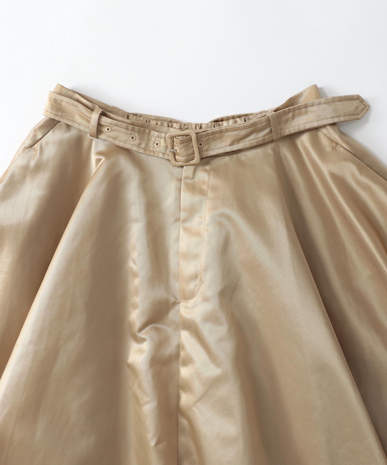 shiny nylon belted flare skirt