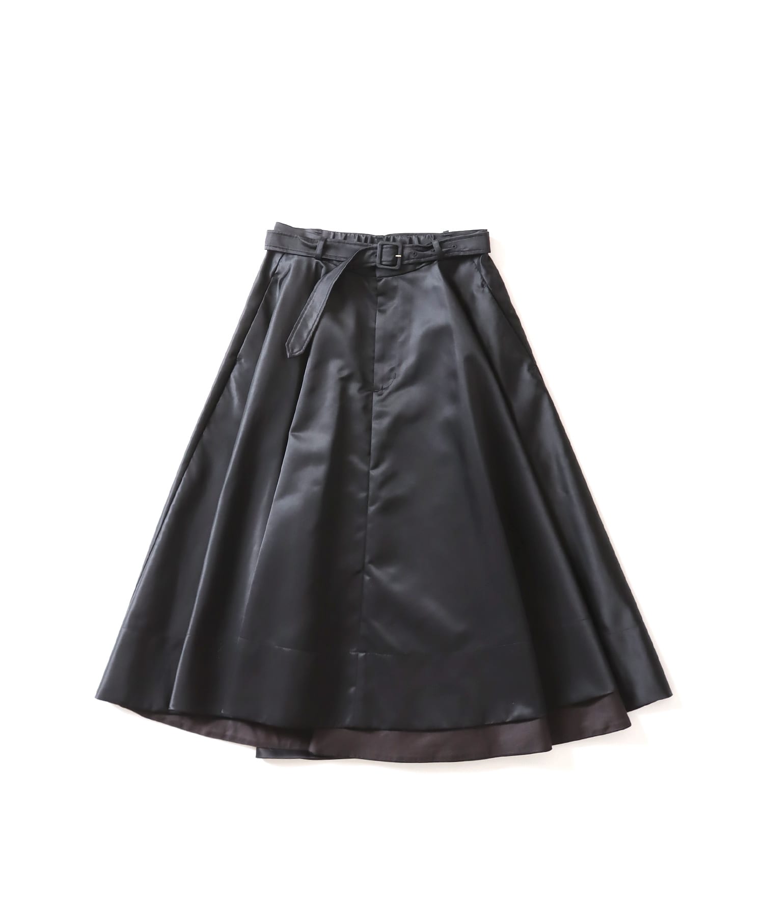 shiny nylon belted flare skirt