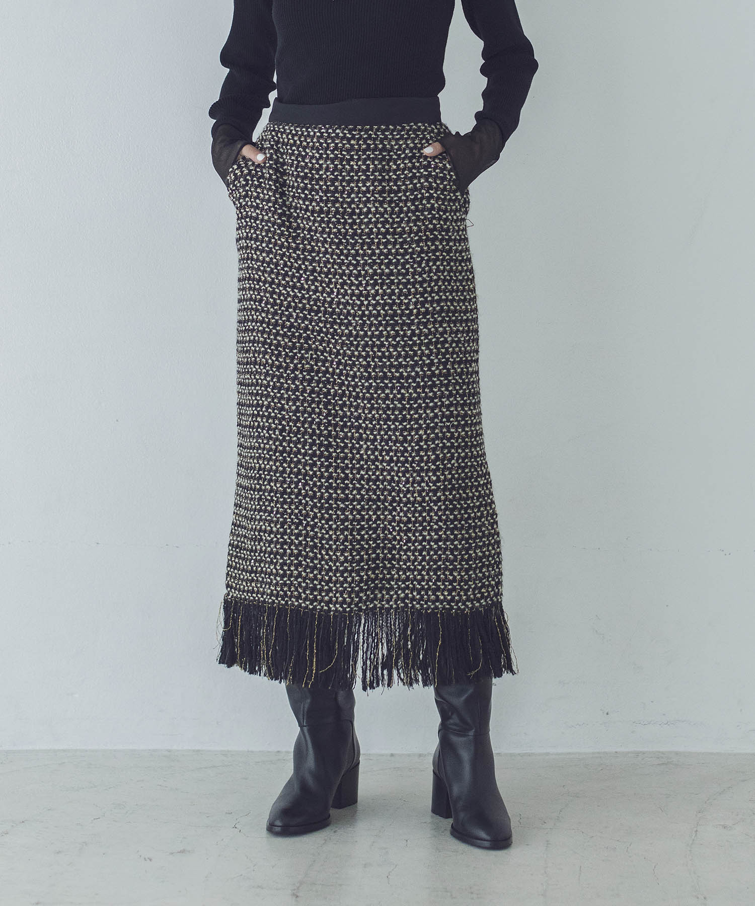 tweed long fringe tight skirt
