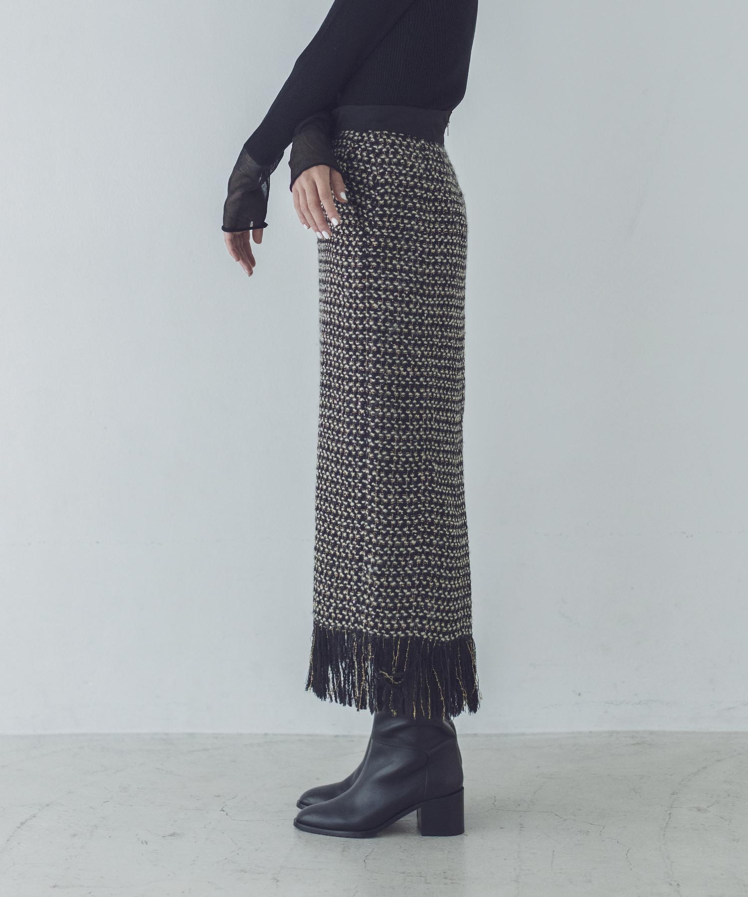 tweed long fringe tight skirt