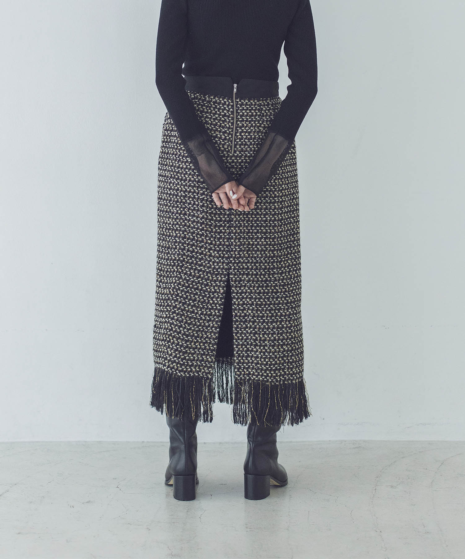 tweed long fringe tight skirt