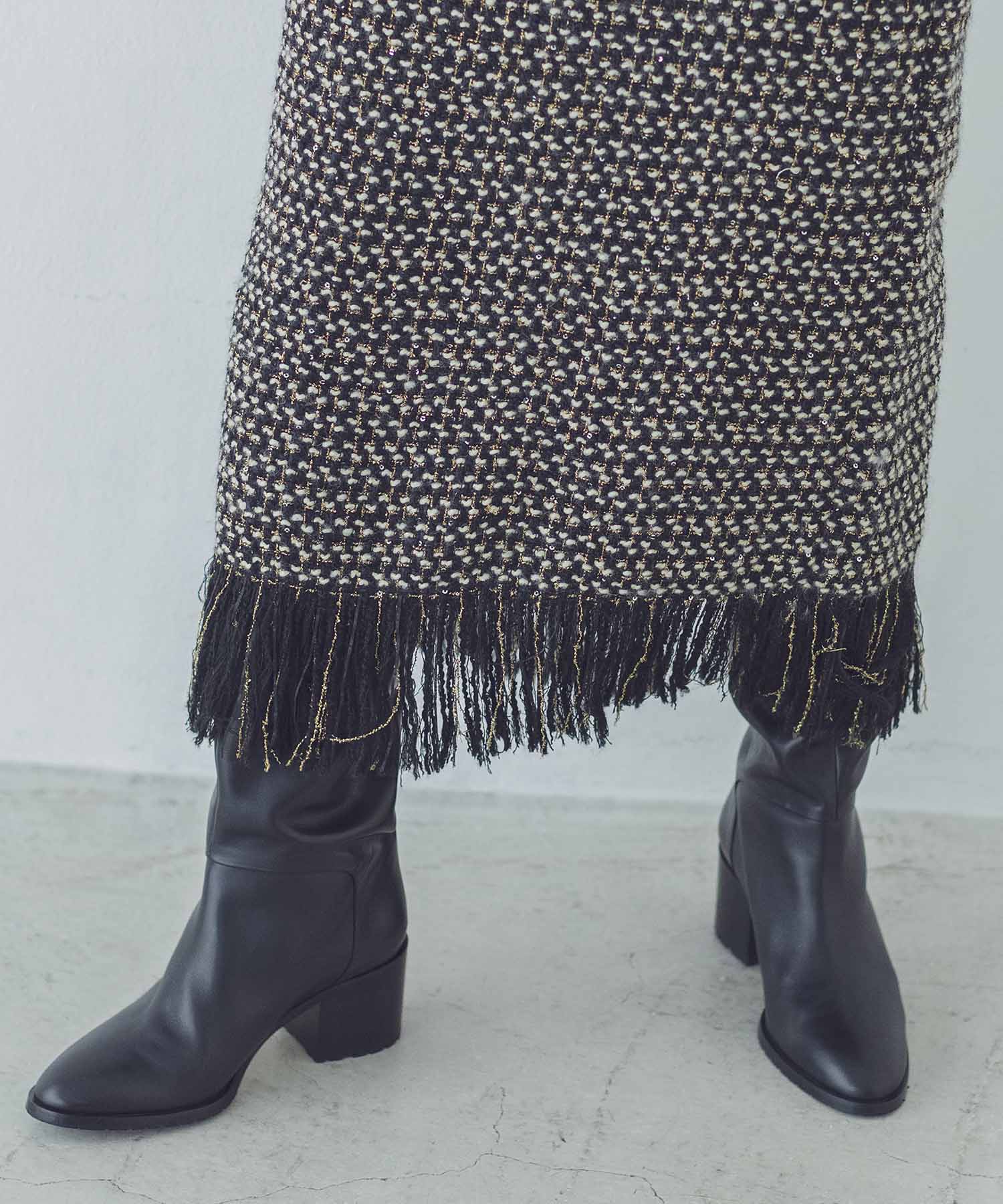tweed long fringe tight skirt