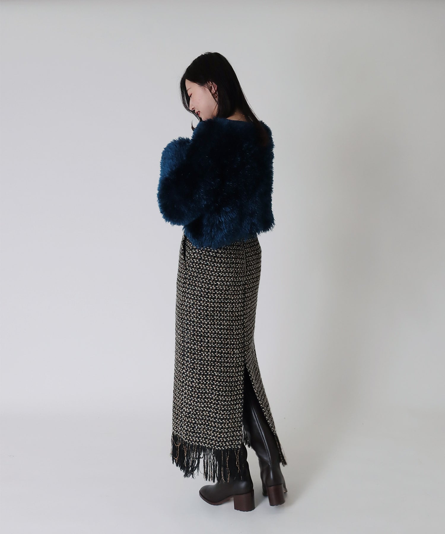 tweed long fringe tight skirt