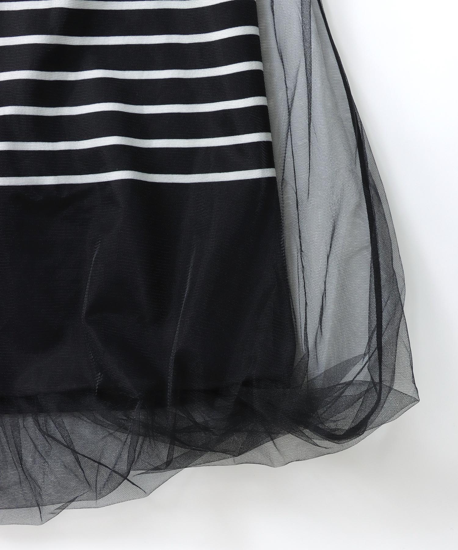 high neck border knit× tulle dress