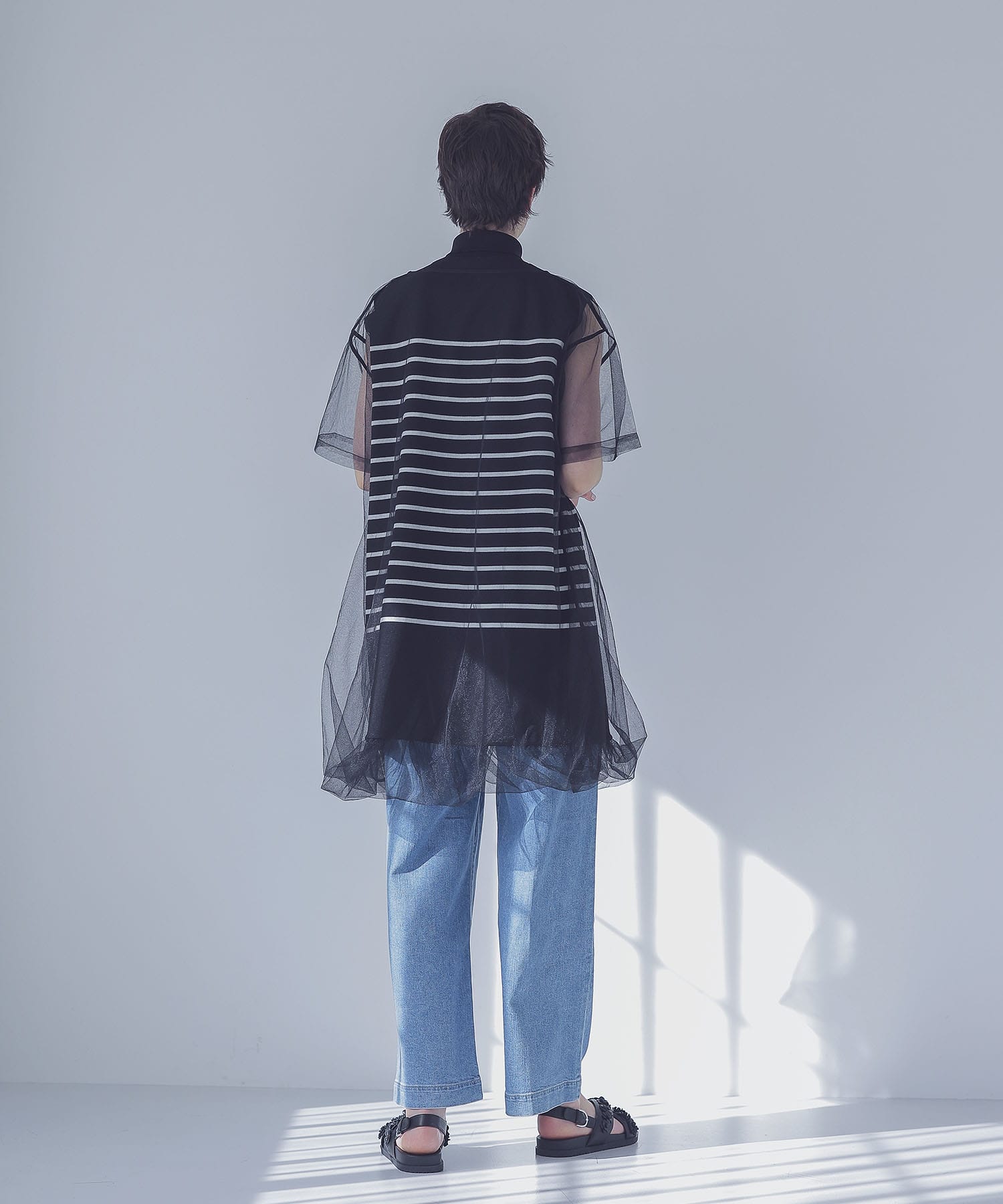 high neck border knit× tulle dress