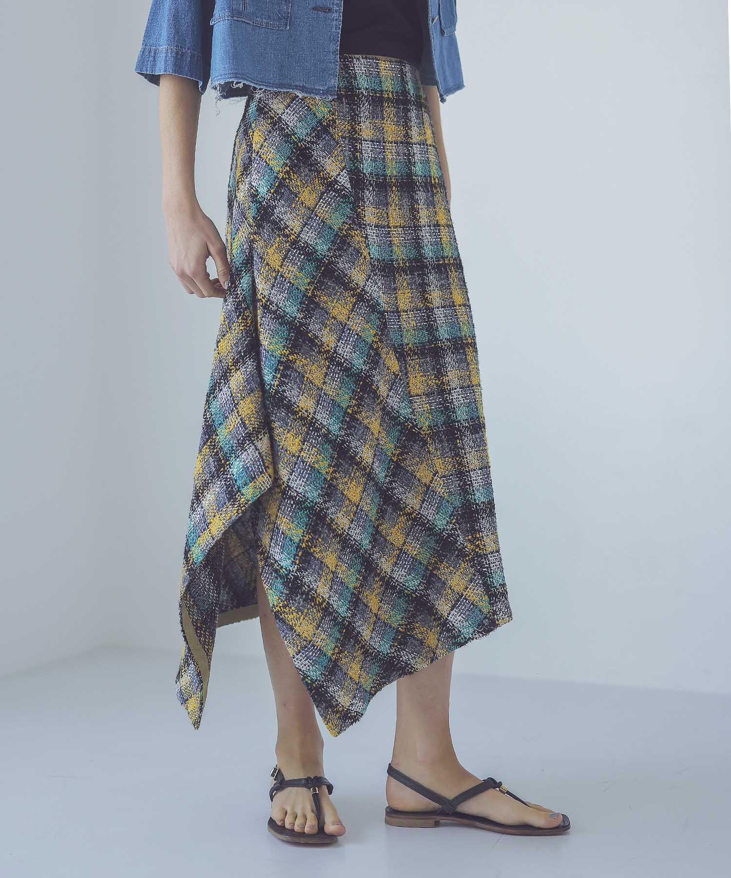 glitter check asymmetric hem skirt