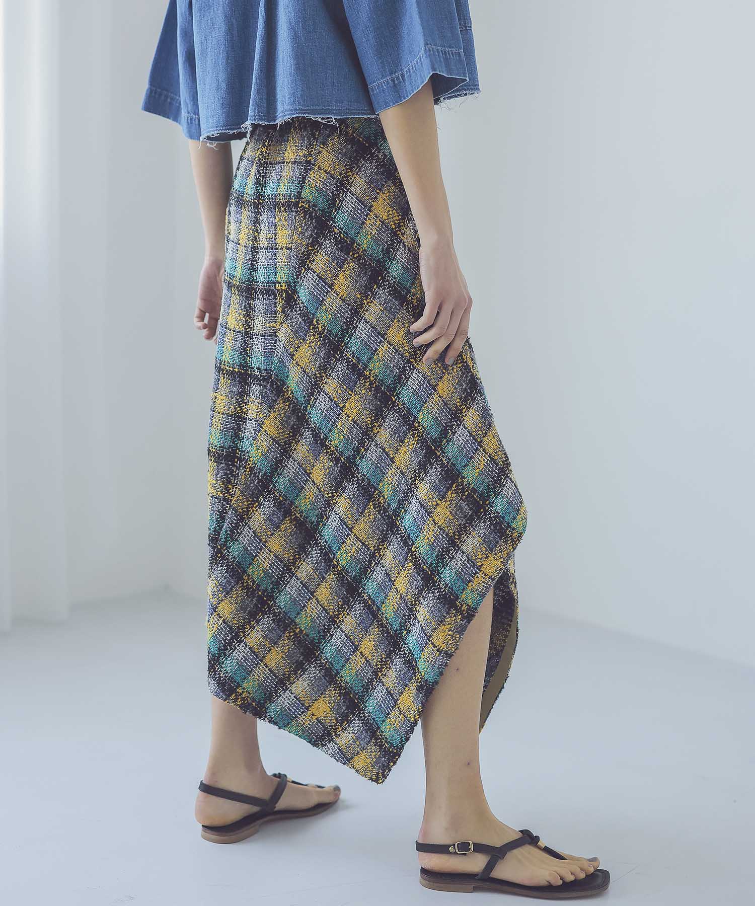 glitter check asymmetric hem skirt