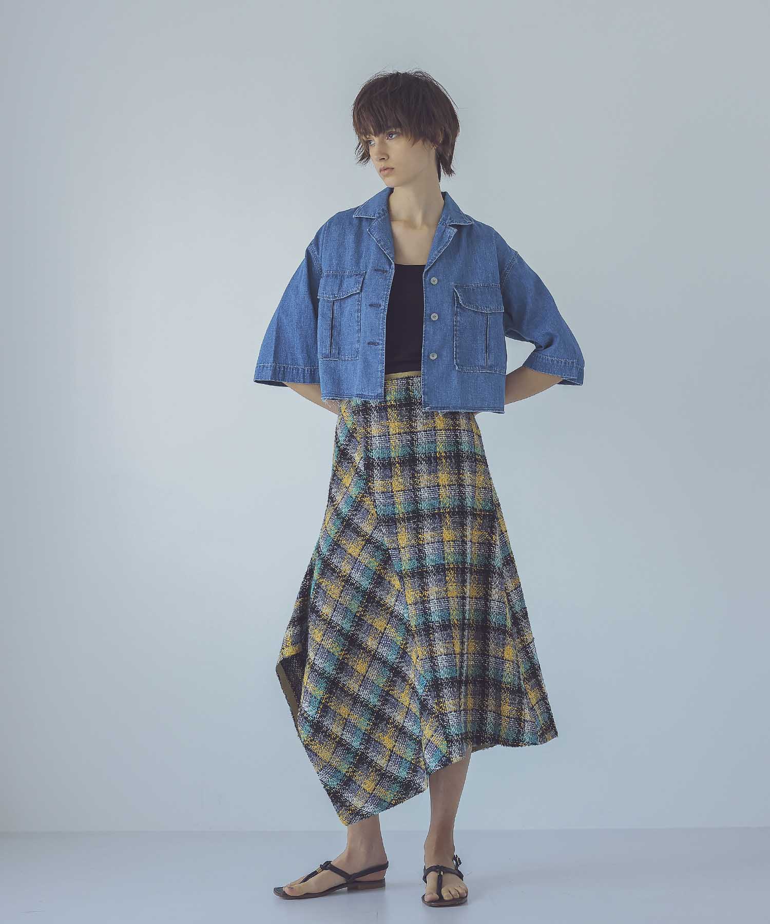 glitter check asymmetric hem skirt