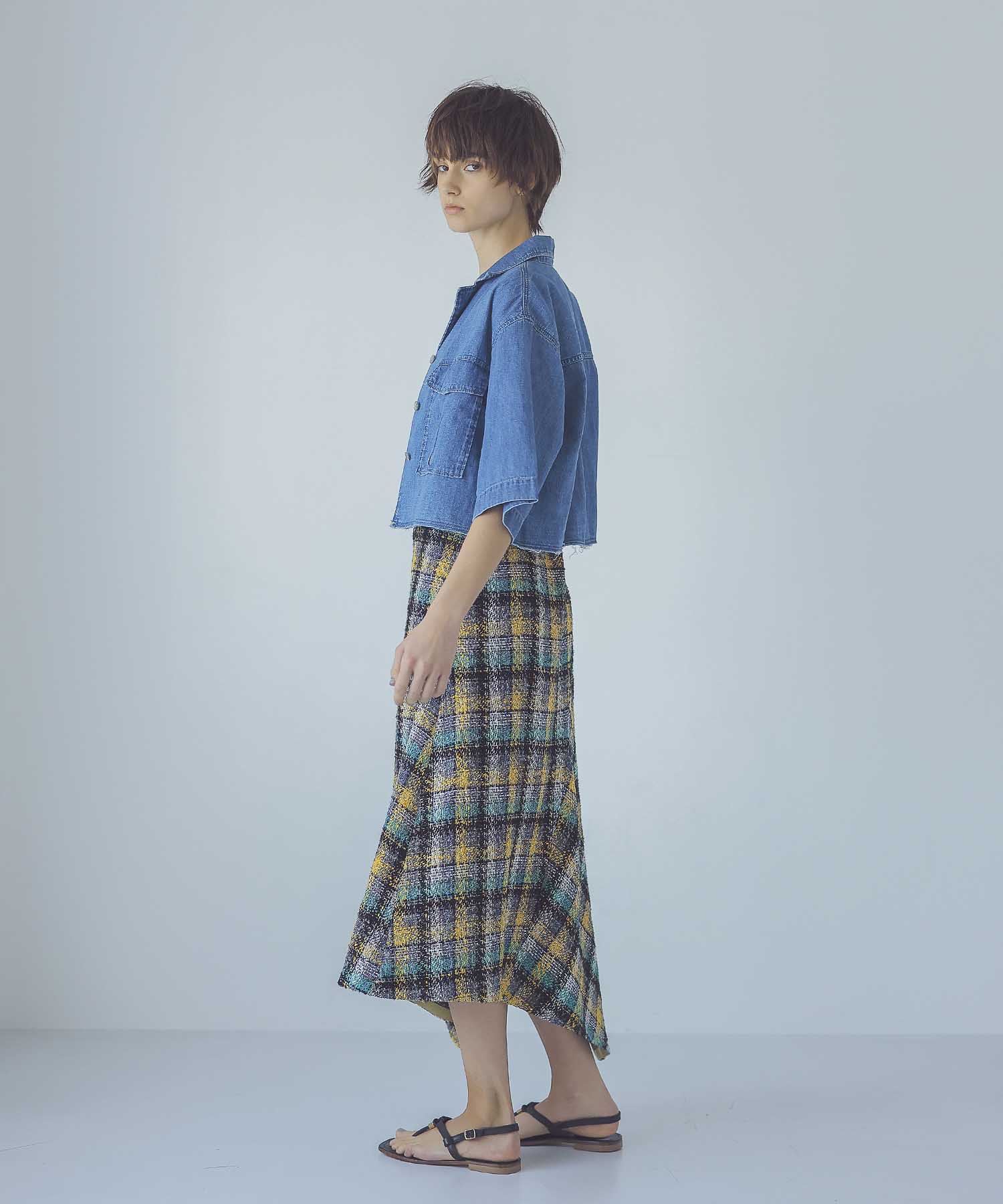 glitter check asymmetric hem skirt