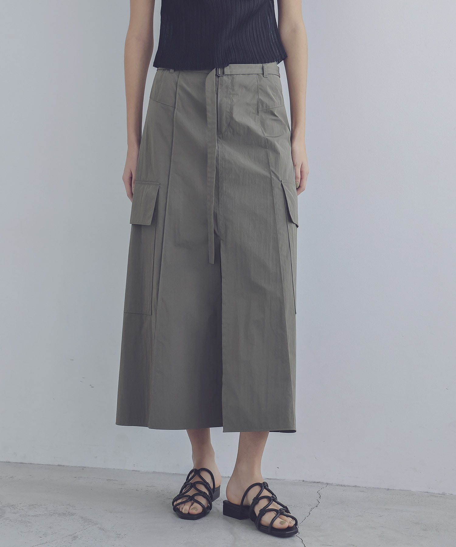 taffeta pin tuck A-line cargo skirt