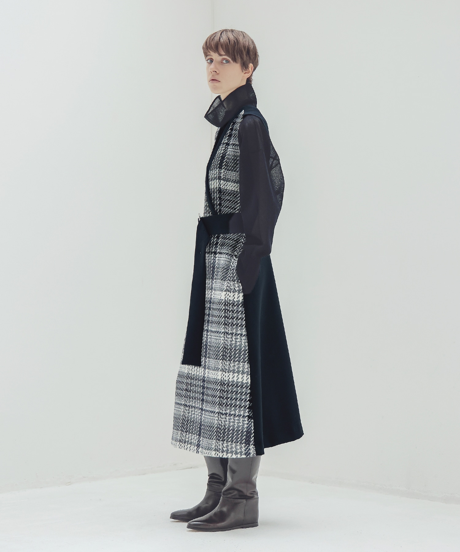 tweed check x W face belted dress