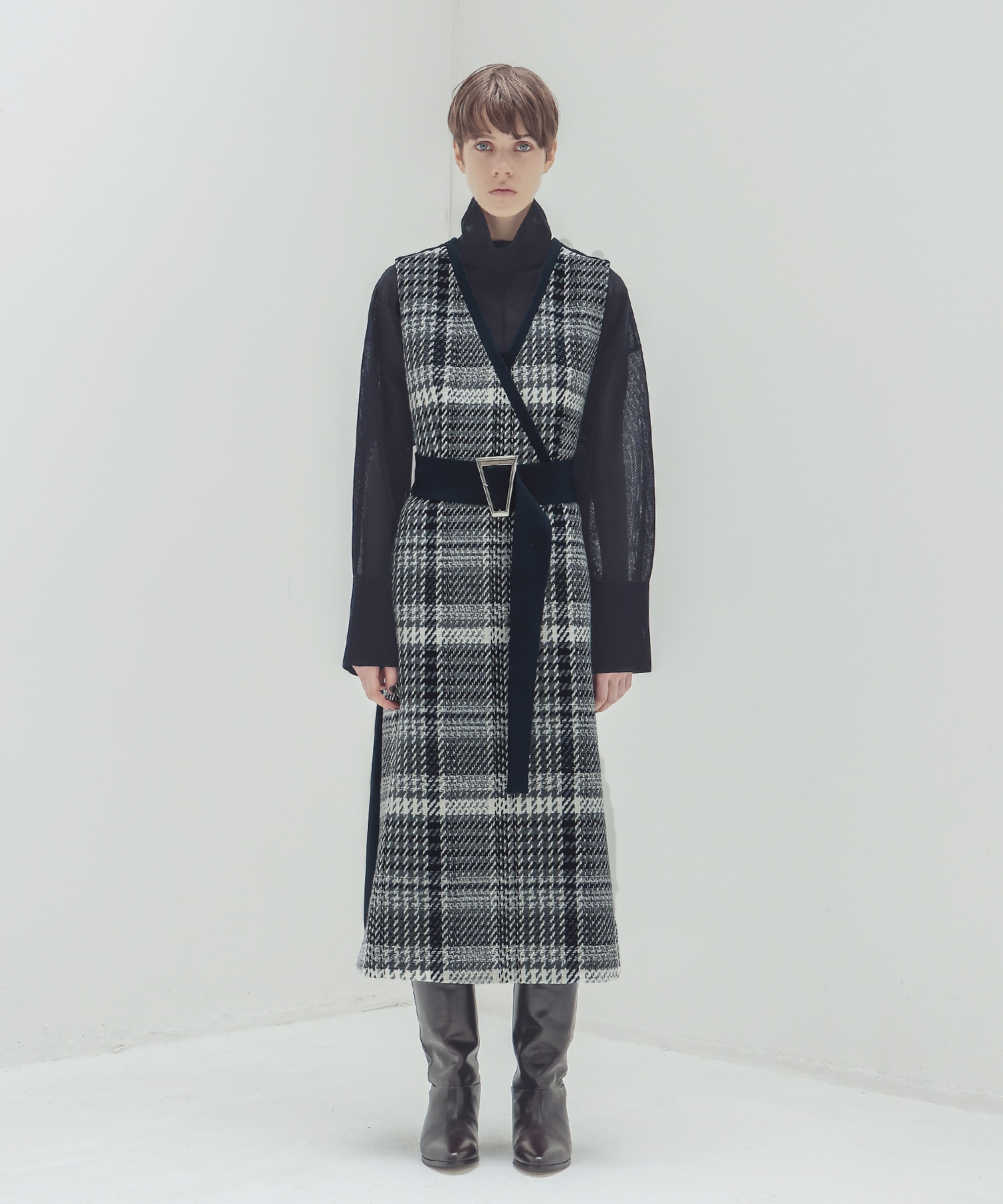 tweed check x W face belted dress