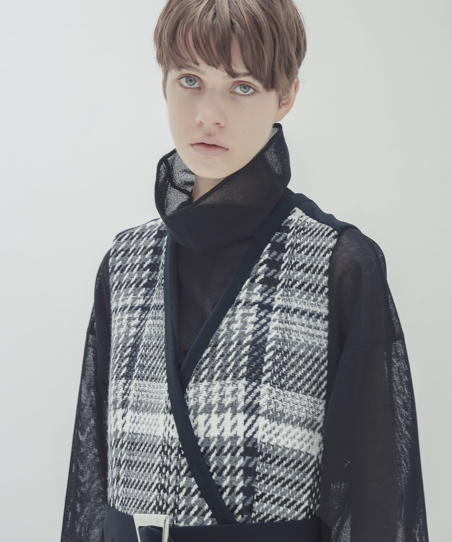 tweed check x W face belted dress