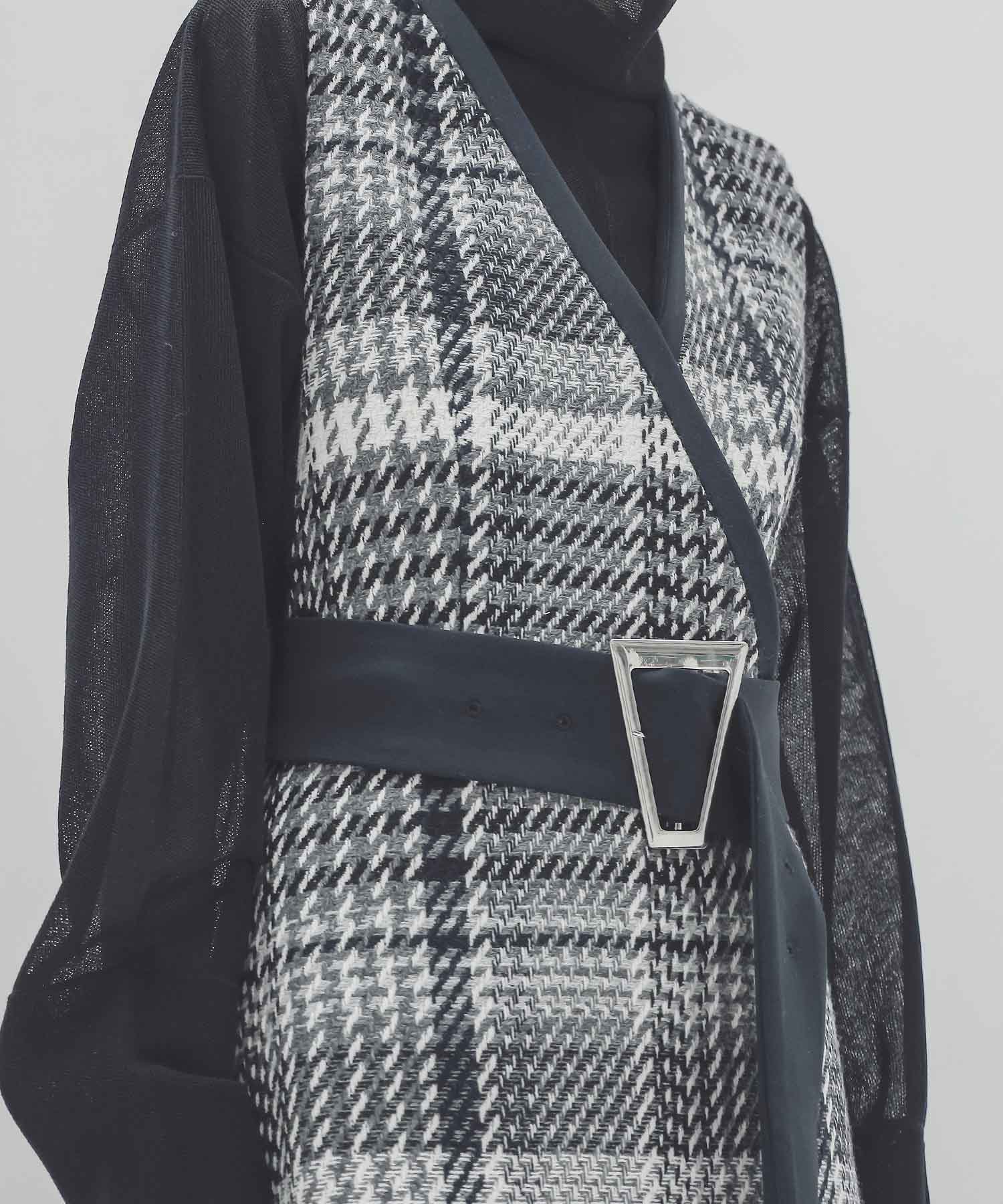 tweed check x W face belted dress