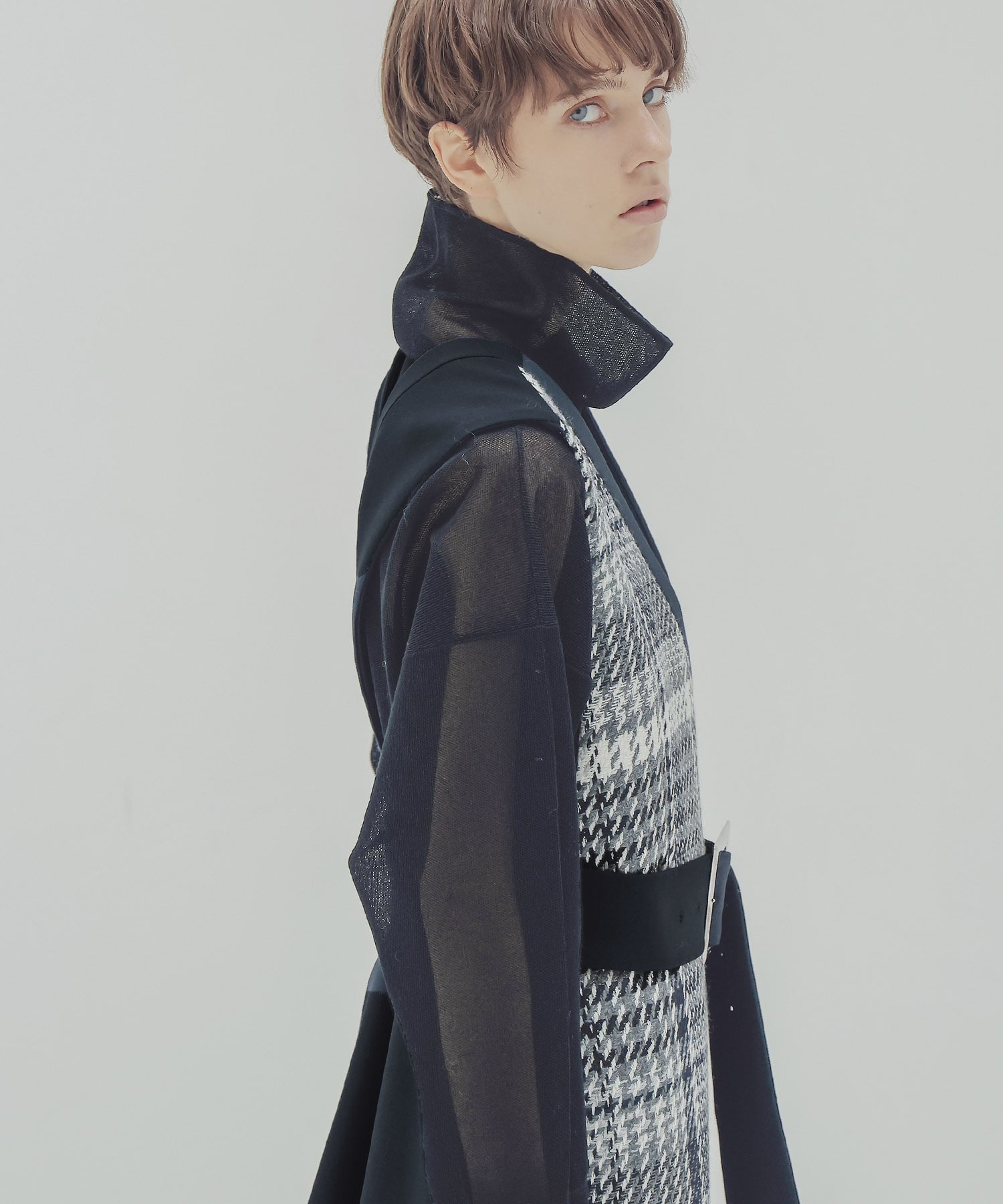 tweed check x W face belted dress