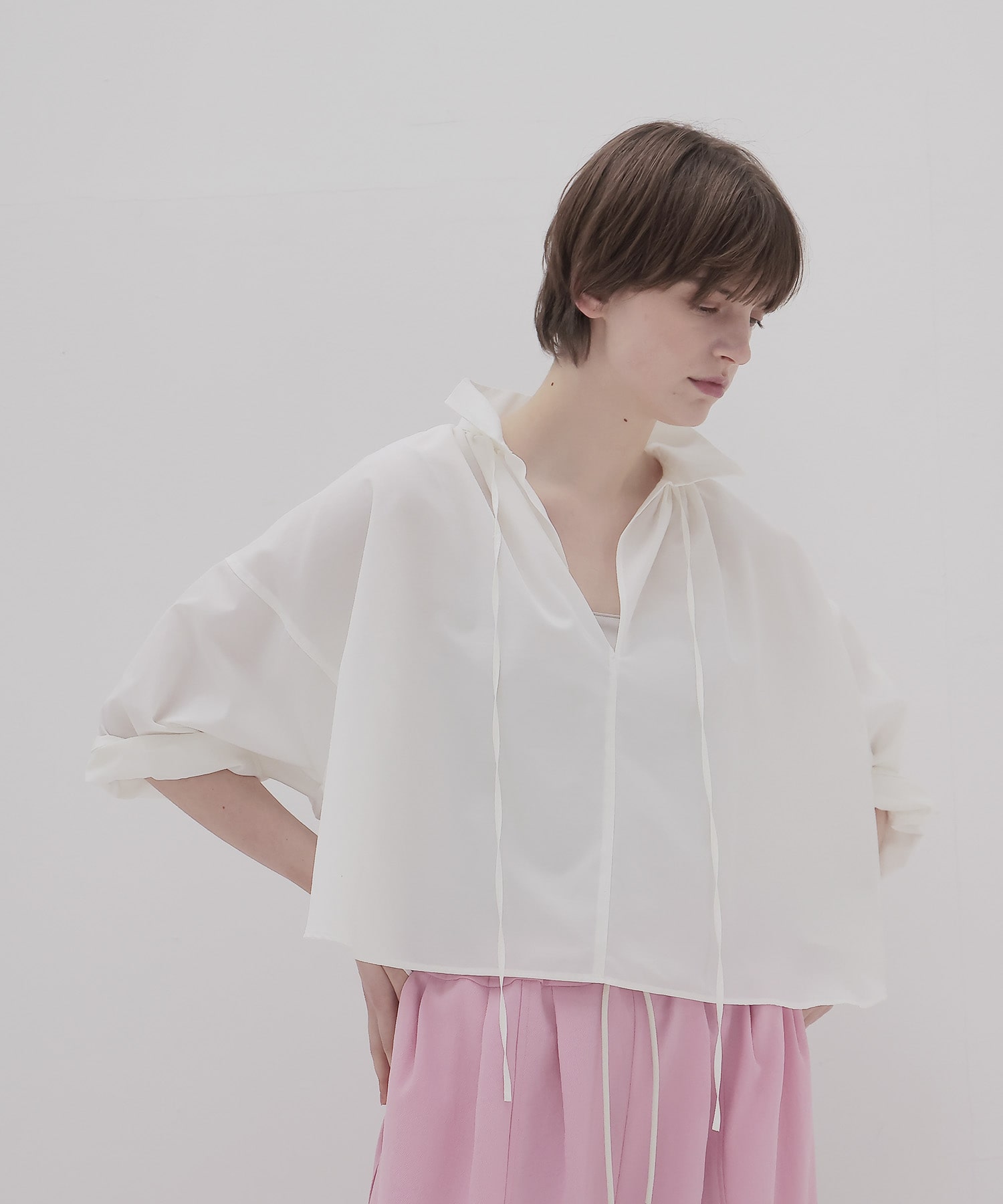 shirring half sleeve short shirt