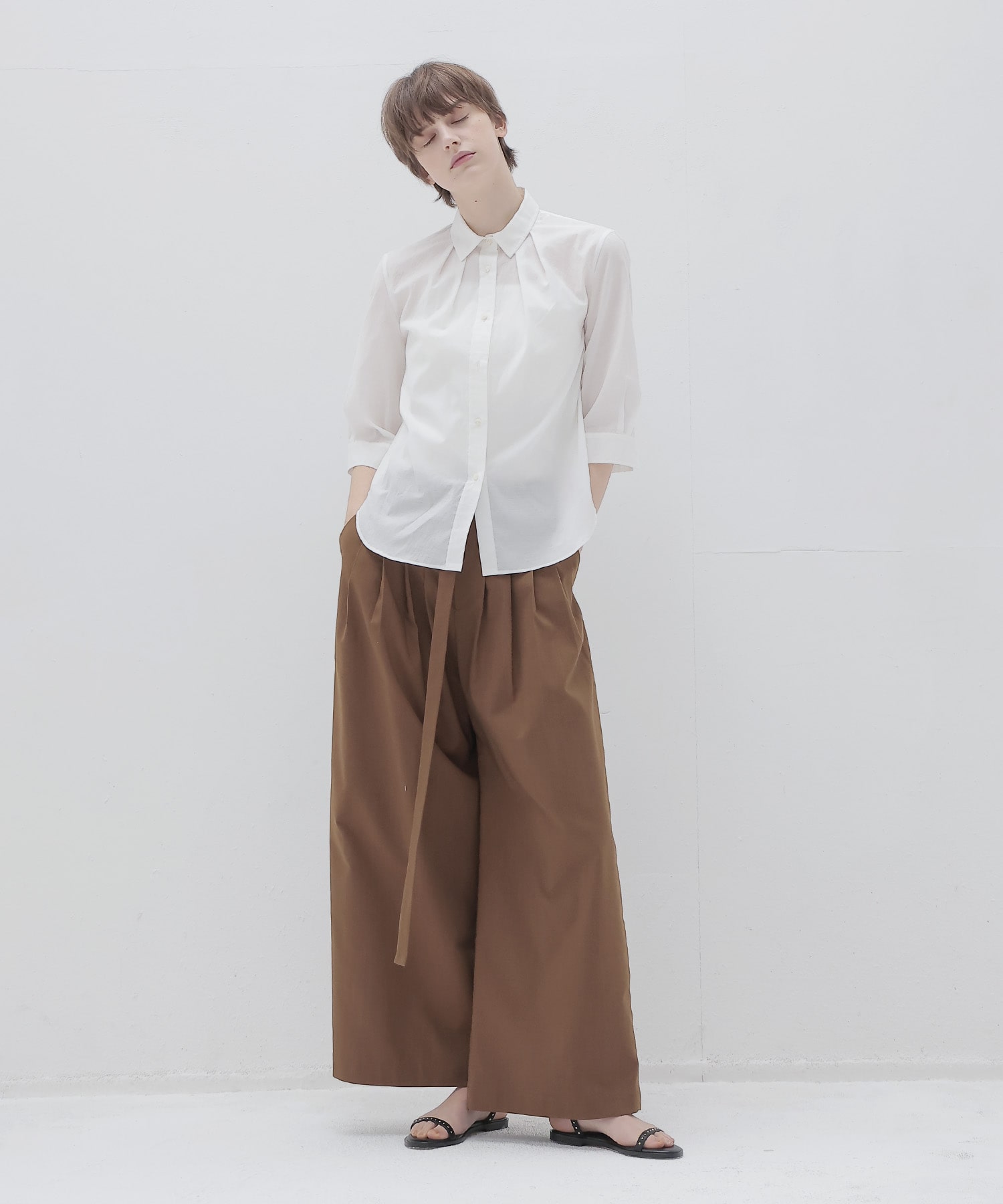 narrow belt tuck wide pants