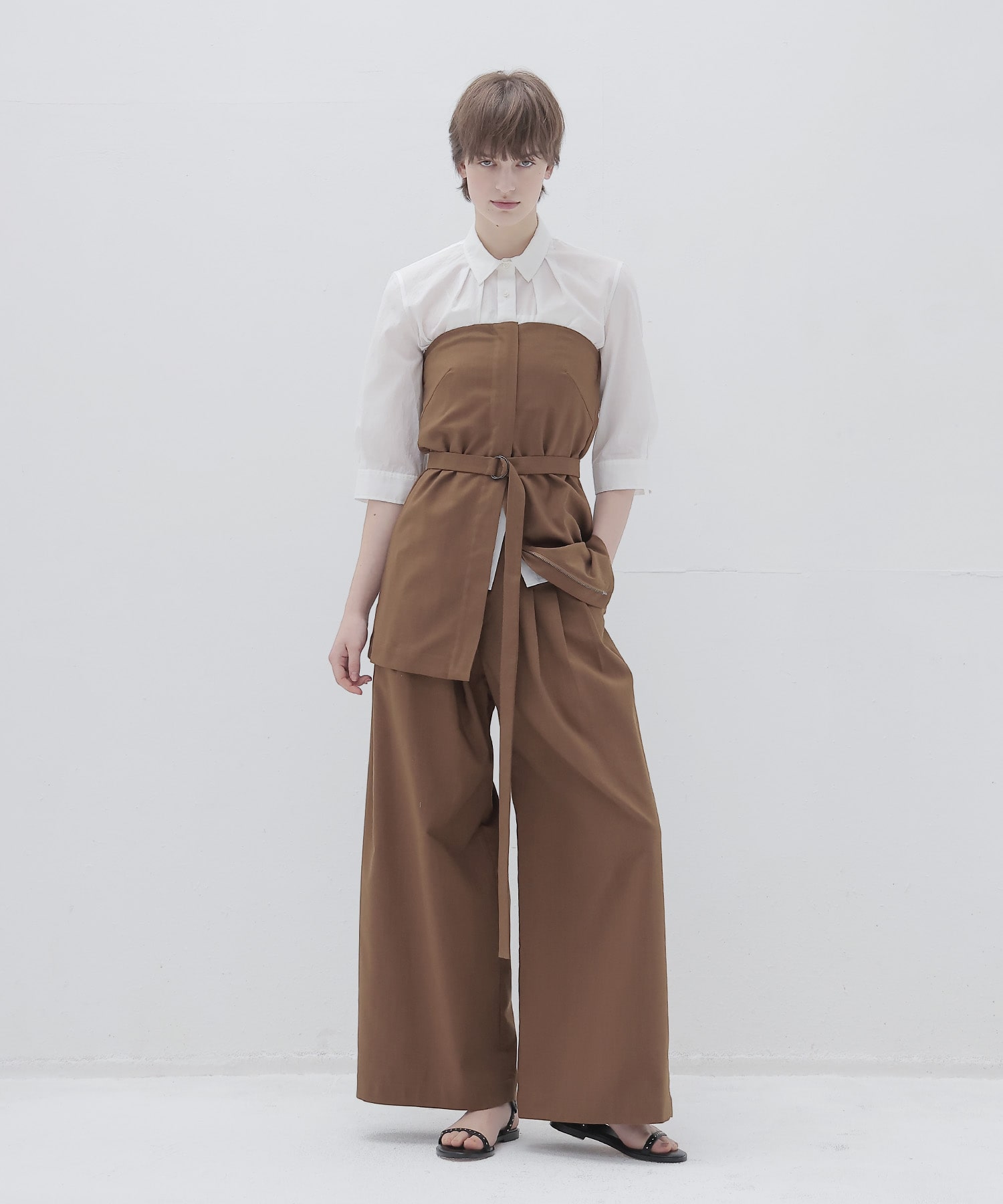 narrow belt tuck wide pants
