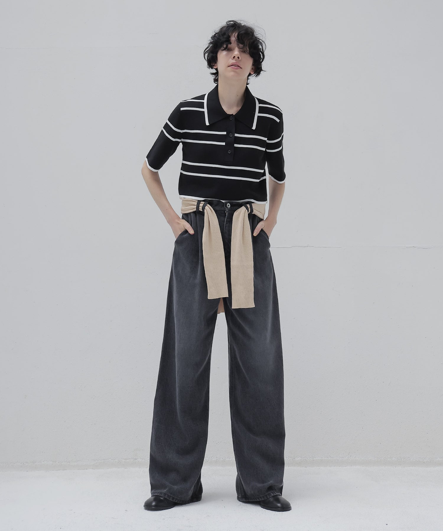lyocell black denim tuck wide pants