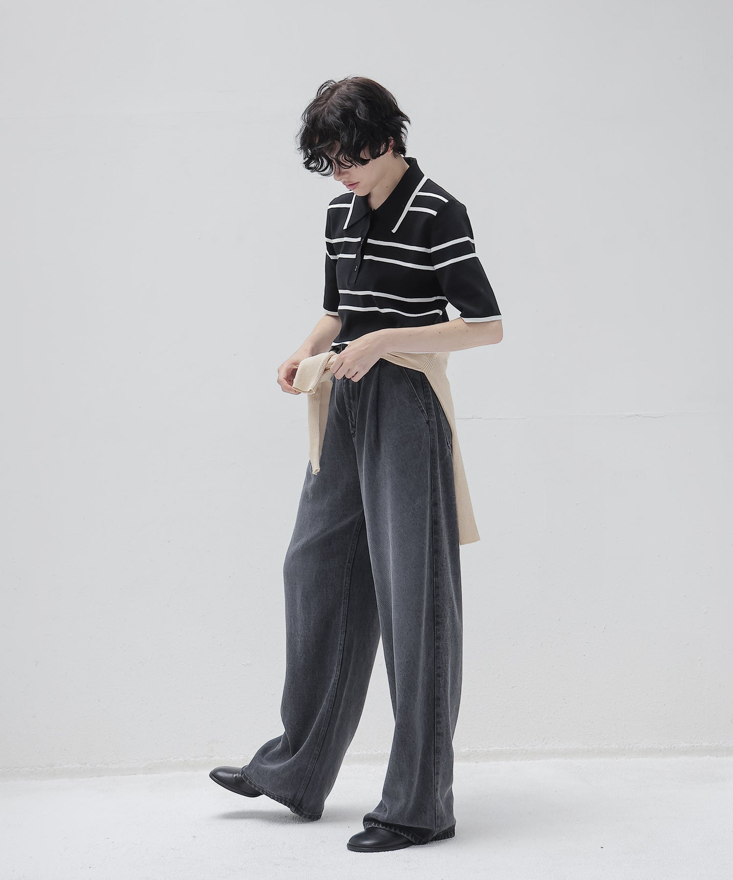 lyocell black denim tuck wide pants