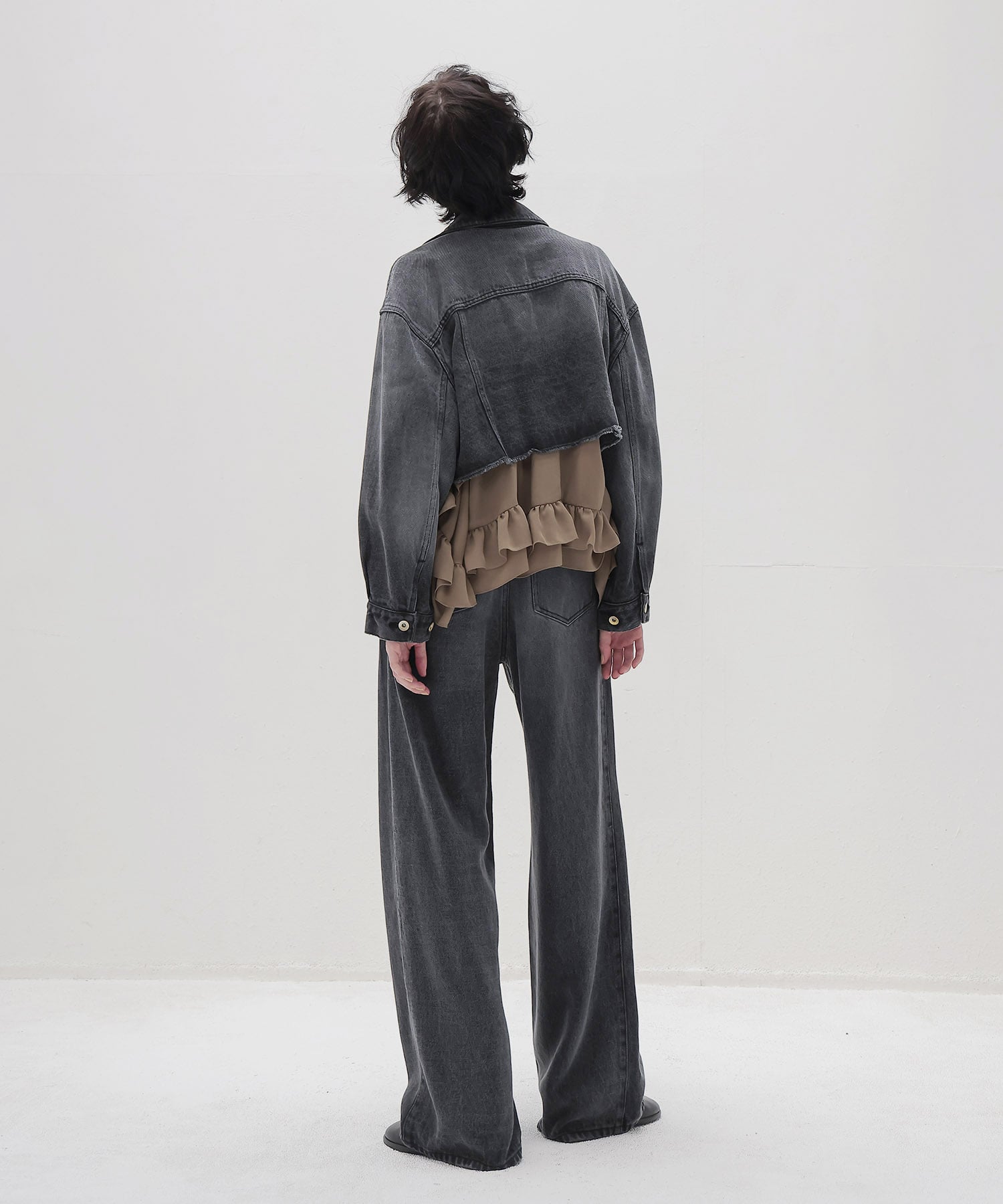 lyocell black denim tuck wide pants