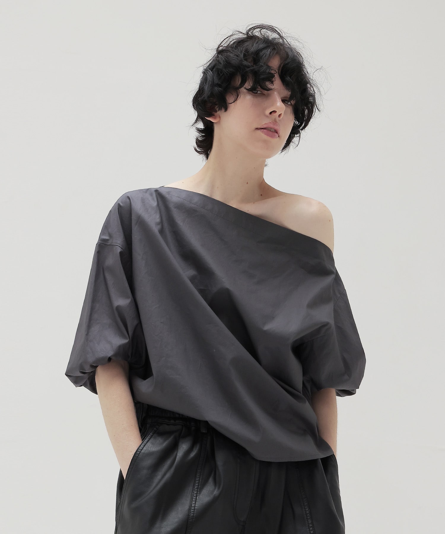 asymmetric off-shoulder puff blouse