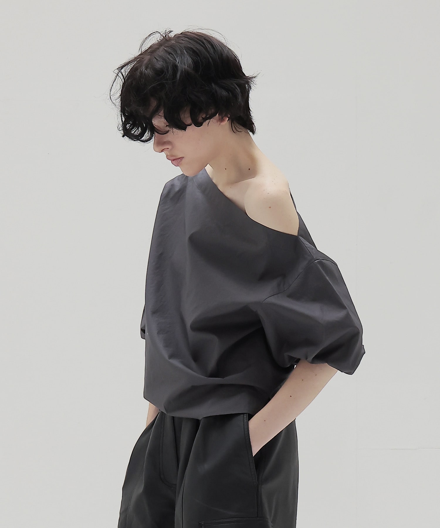 asymmetric off-shoulder puff blouse