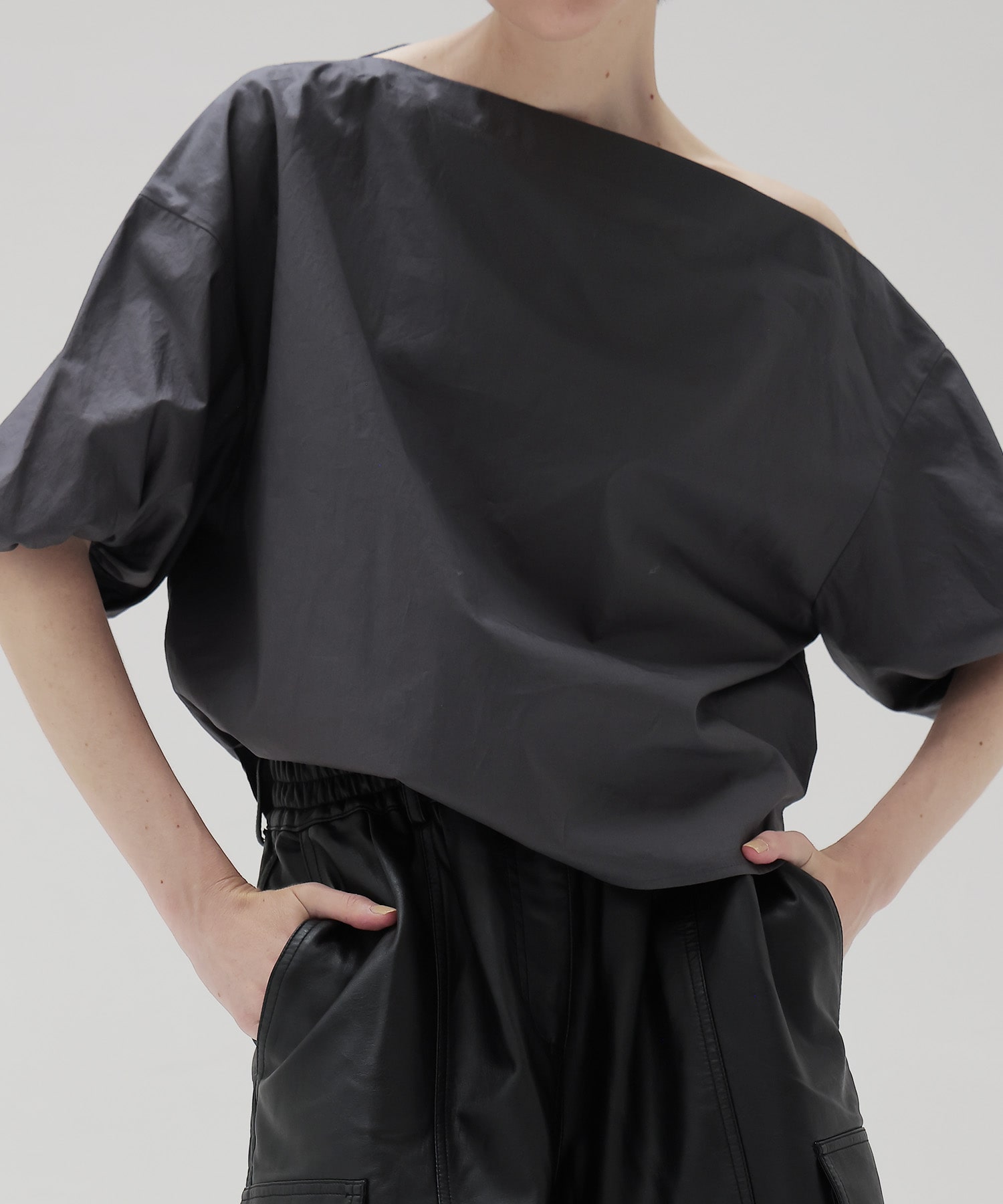 asymmetric off-shoulder puff blouse