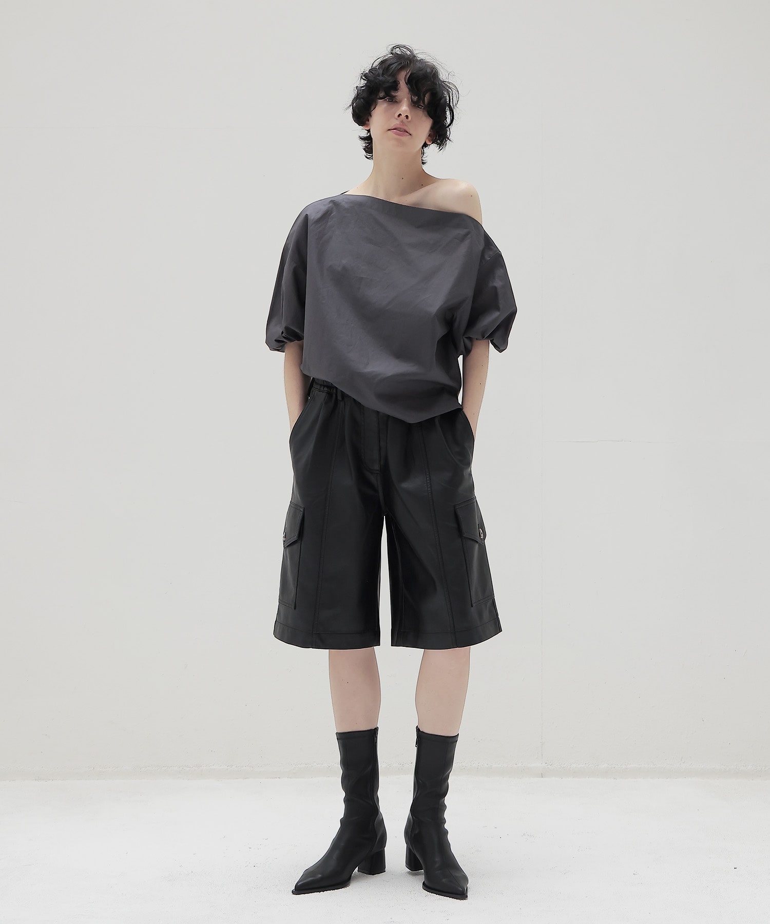 asymmetric off-shoulder puff blouse