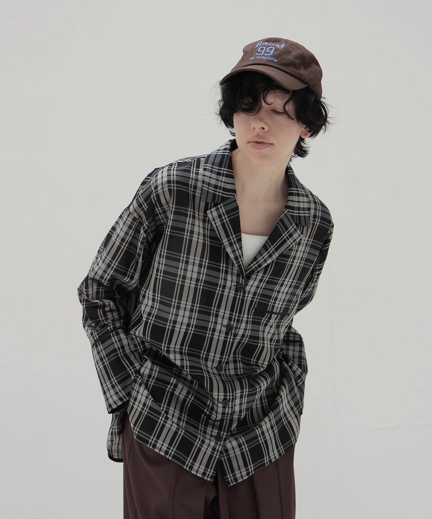 sheer check open collar shirt