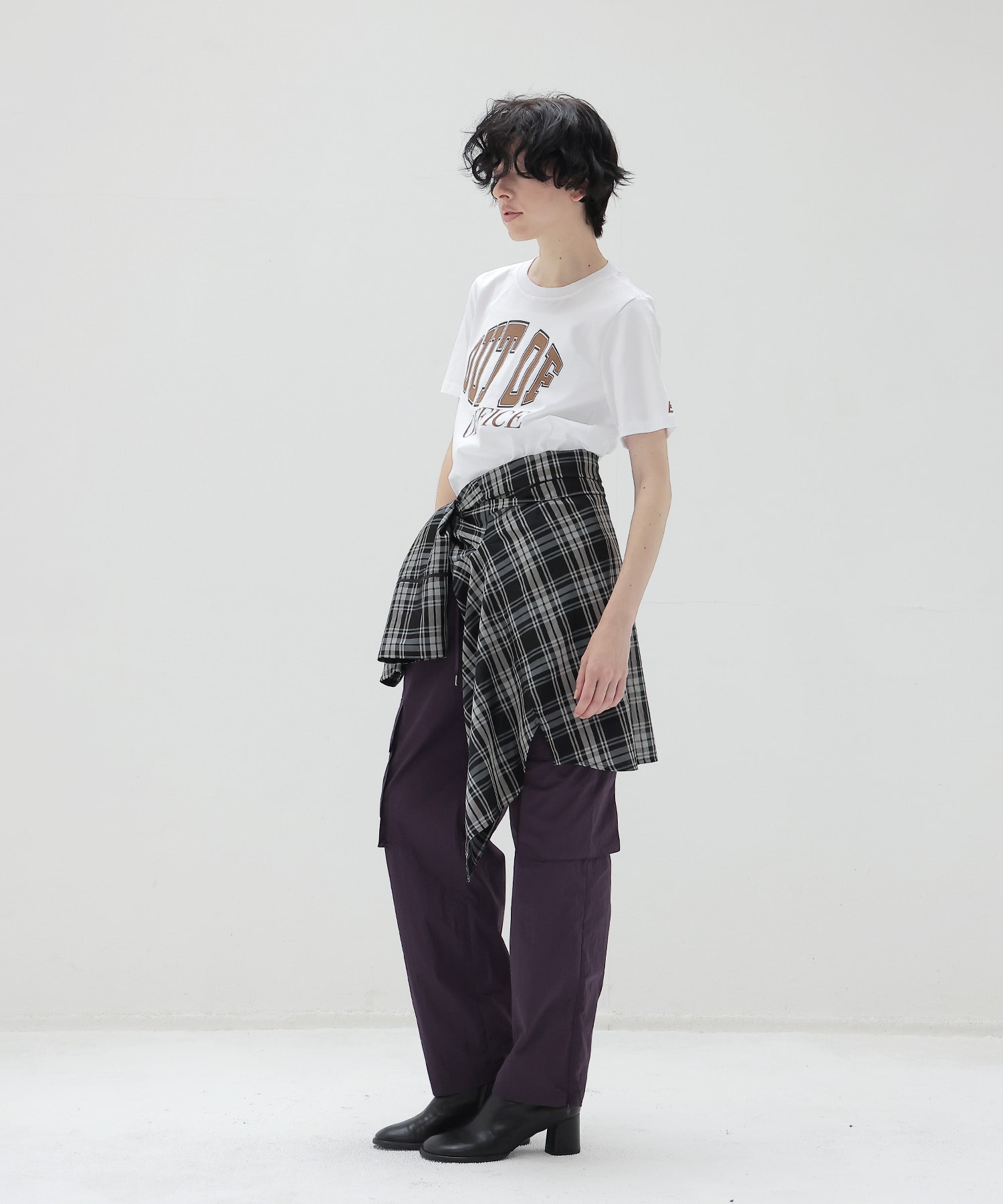 sheer check open collar shirt